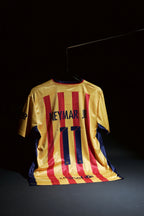 FC Barcelona | NEYMAR JR #11 | 2015-16 | Away Kit | Retro Design | Gold & Blue | Embroidered Badges | V/Cut Neck | Regular Fit