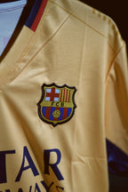 FC Barcelona | NEYMAR JR #11 | 2015-16 | Away Kit | Retro Design | Gold & Blue | Embroidered Badges | V/Cut Neck | Regular Fit