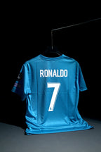 Real Madrid FC | CRISTIANO RONALDO #7 | 2017-18 | Fly Emirates | Away Kit | Retro Design | Blue | Regular Fit