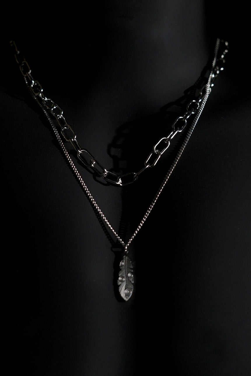 Necklace | Double Chain | Layered Chain | Feather Pendant | Men & Women | Anti-Tarnish Stainless Steel | Silver Finish | Minimalist Style | Statement Jewellery