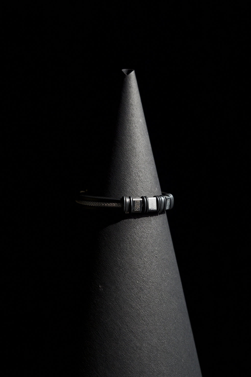 Bracelet | Double Strand | Greek Key Beads | Textured Barrel Charms | Men & Women | Stainless Steel | Black Finish | Minimalist Statement Style