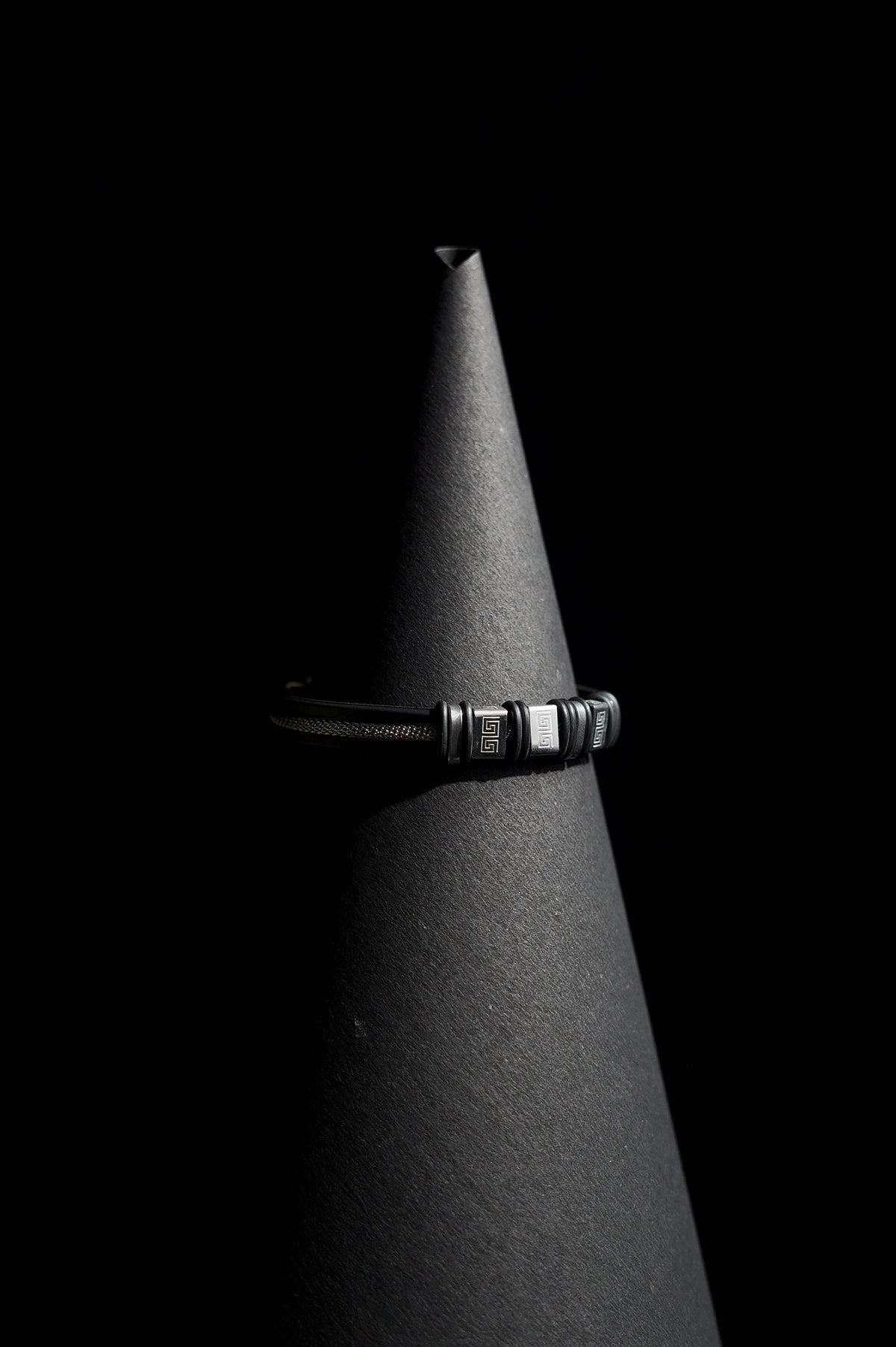 Bracelet | Double Strand | Greek Key Beads | Textured Barrel Charms | Men & Women | Stainless Steel | Black Finish | Minimalist Statement Style