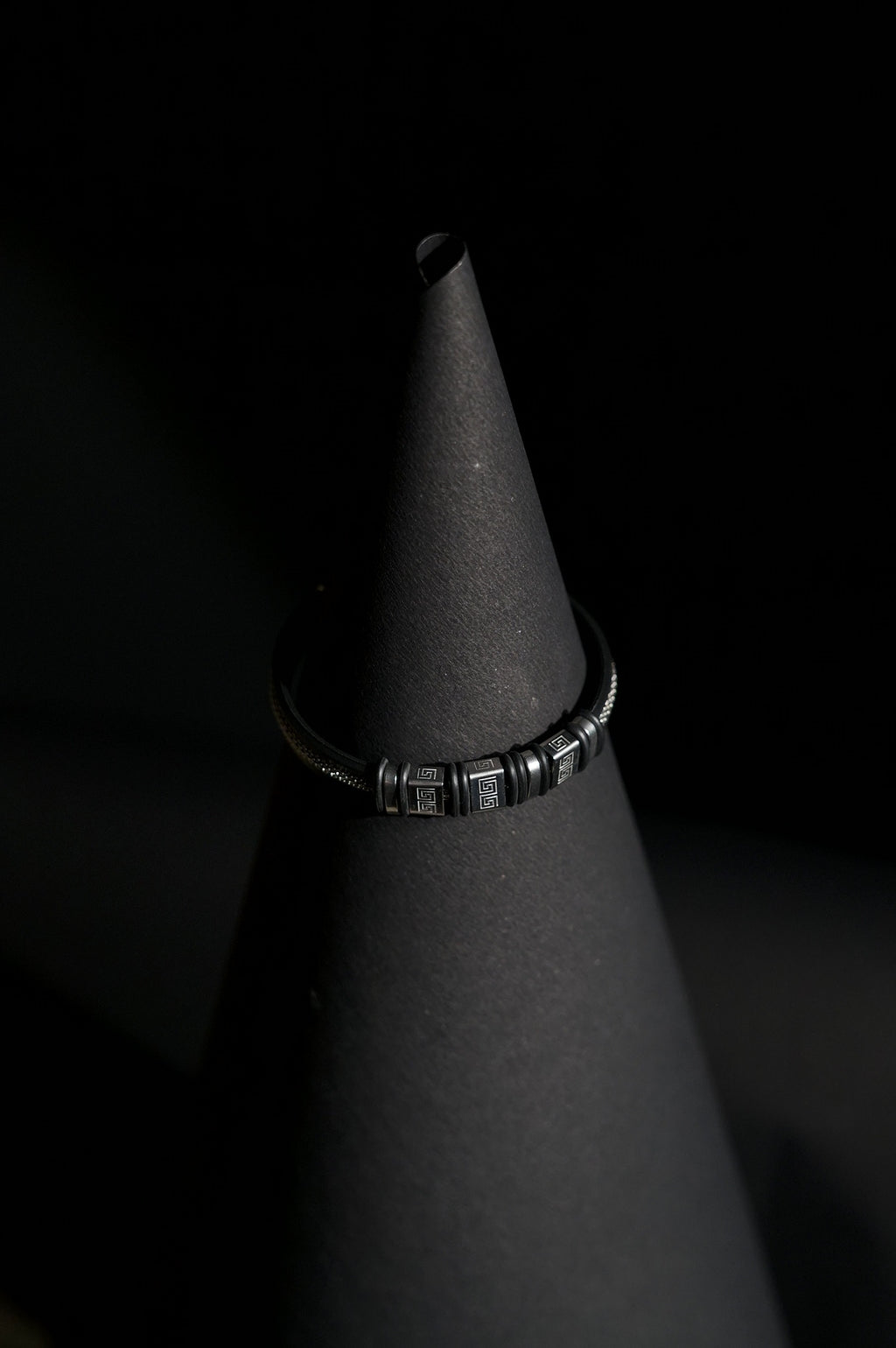 Bracelet | Double Strand | Greek Key Beads | Textured Barrel Charms | Men & Women | Stainless Steel | Black Finish | Minimalist Statement Style