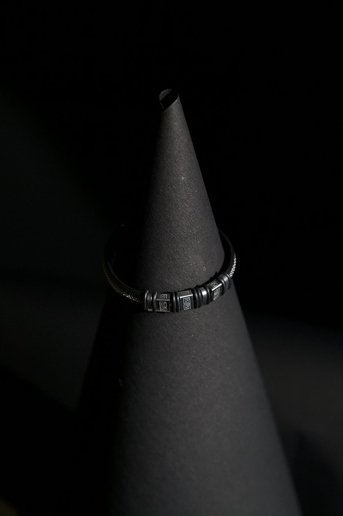 Bracelet | Double Strand | Greek Key Beads | Textured Barrel Charms | Men & Women | Stainless Steel | Black Finish | Minimalist Statement Style