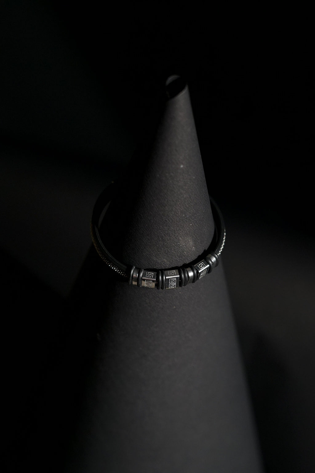 Bracelet | Double Strand | Greek Key Beads | Textured Barrel Charms | Men & Women | Stainless Steel | Black Finish | Minimalist Statement Style