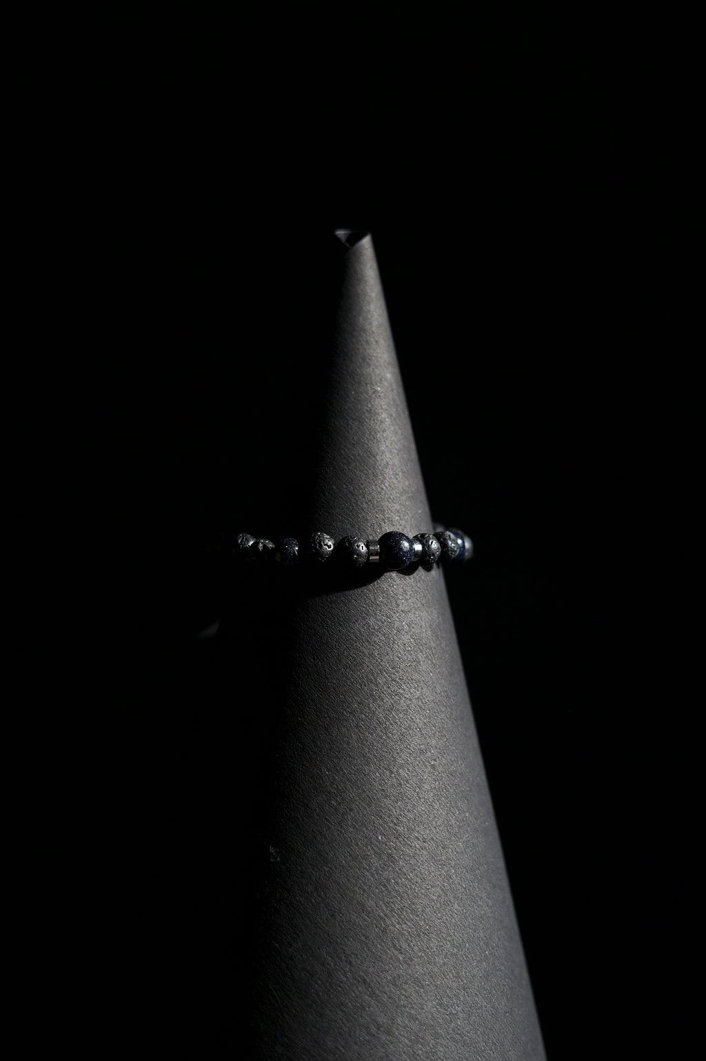 Bracelet | Single Strand | Round Beads | Black Lava Beads with Blue Sandstone & Metallic Hematite Spacer Beads | Men & Women | Beaded Design | Dark Finish | Minimalist Style