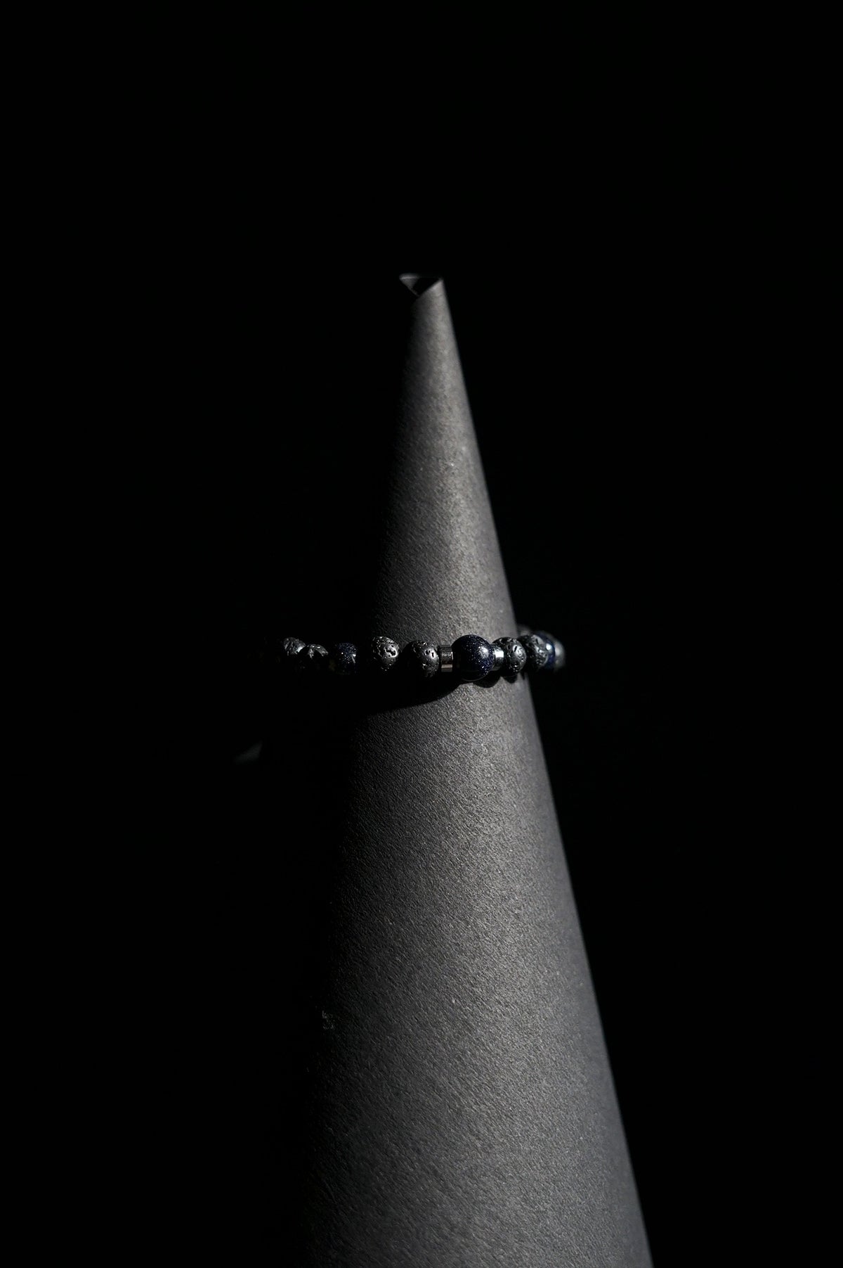 Bracelet | Single Strand | Round Beads | Black Lava Beads with Blue Sandstone & Metallic Hematite Spacer Beads | Men & Women | Beaded Design | Dark Finish | Minimalist Style