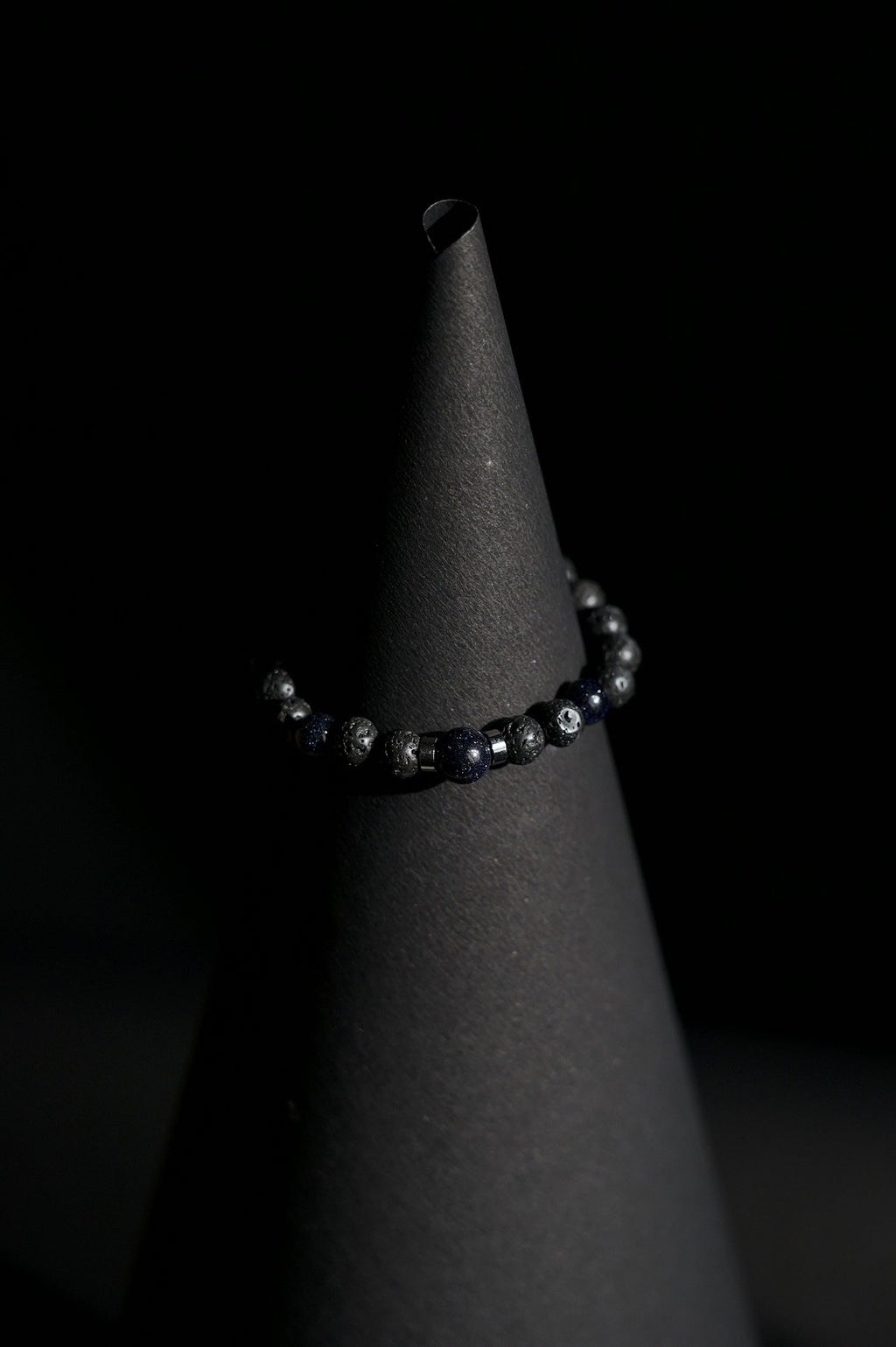 Bracelet | Single Strand | Round Beads | Black Lava Beads with Blue Sandstone & Metallic Hematite Spacer Beads | Men & Women | Beaded Design | Dark Finish | Minimalist Style