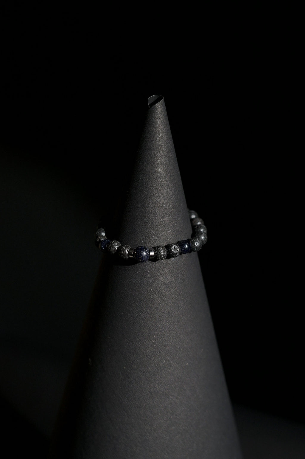 Bracelet | Single Strand | Round Beads | Black Lava Beads with Blue Sandstone & Metallic Hematite Spacer Beads | Men & Women | Beaded Design | Dark Finish | Minimalist Style