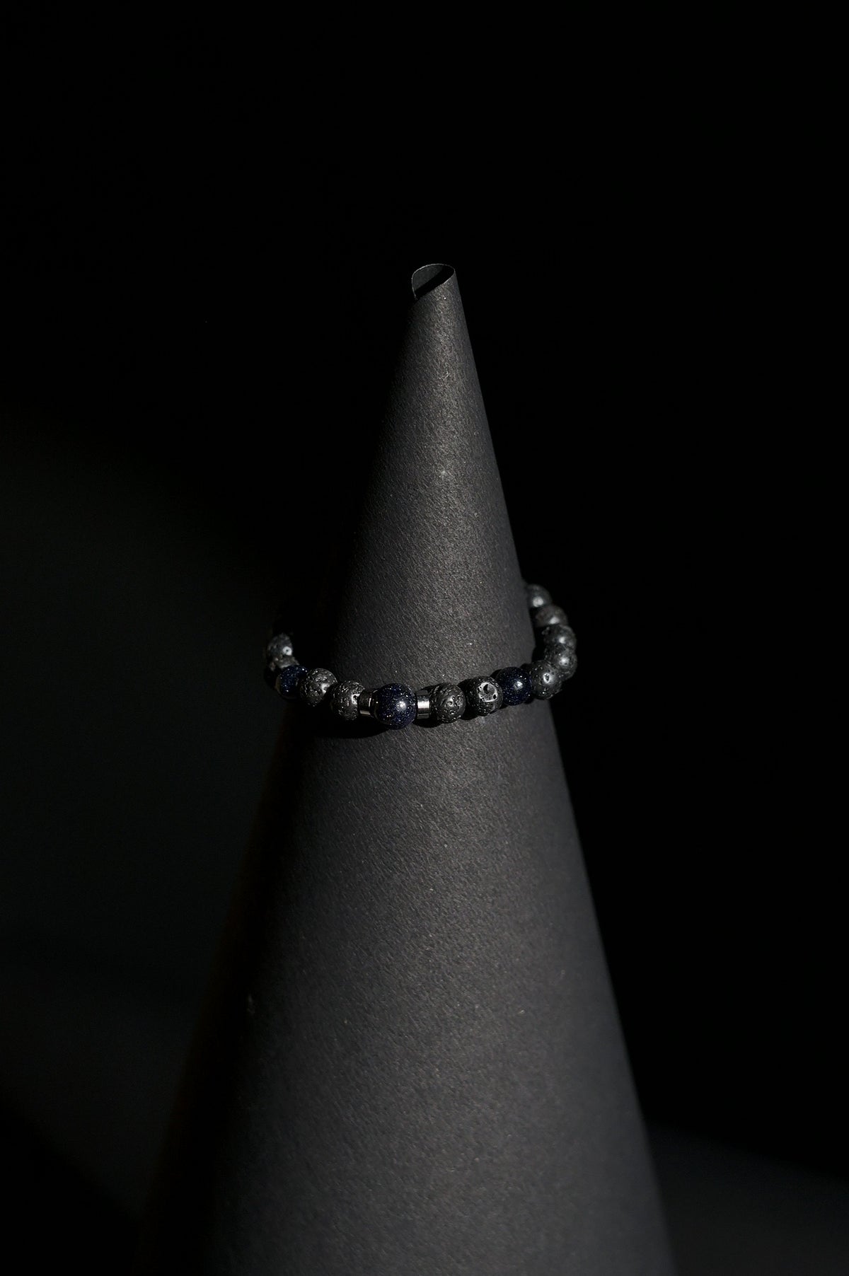 Bracelet | Single Strand | Round Beads | Black Lava Beads with Blue Sandstone & Metallic Hematite Spacer Beads | Men & Women | Beaded Design | Dark Finish | Minimalist Style