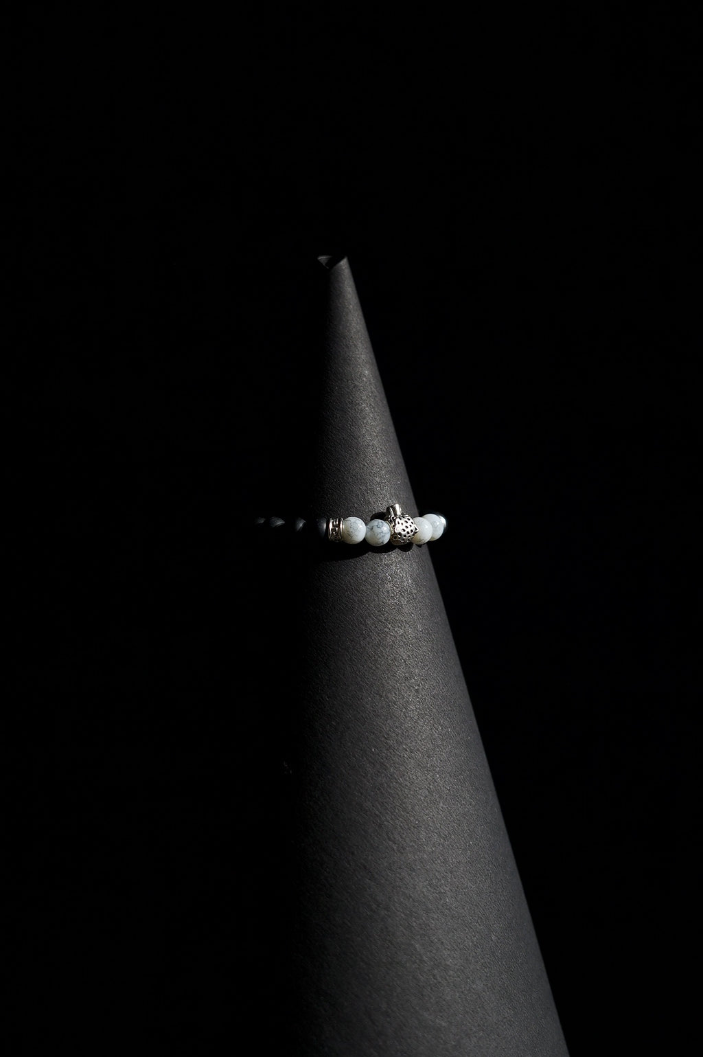 Bracelet | Single Strand | Round Beads | Matte Black Beads with White Howlite Accent Beads & Silver Charm | Men & Women | Beaded Design | Matte Finish | Minimalist Style