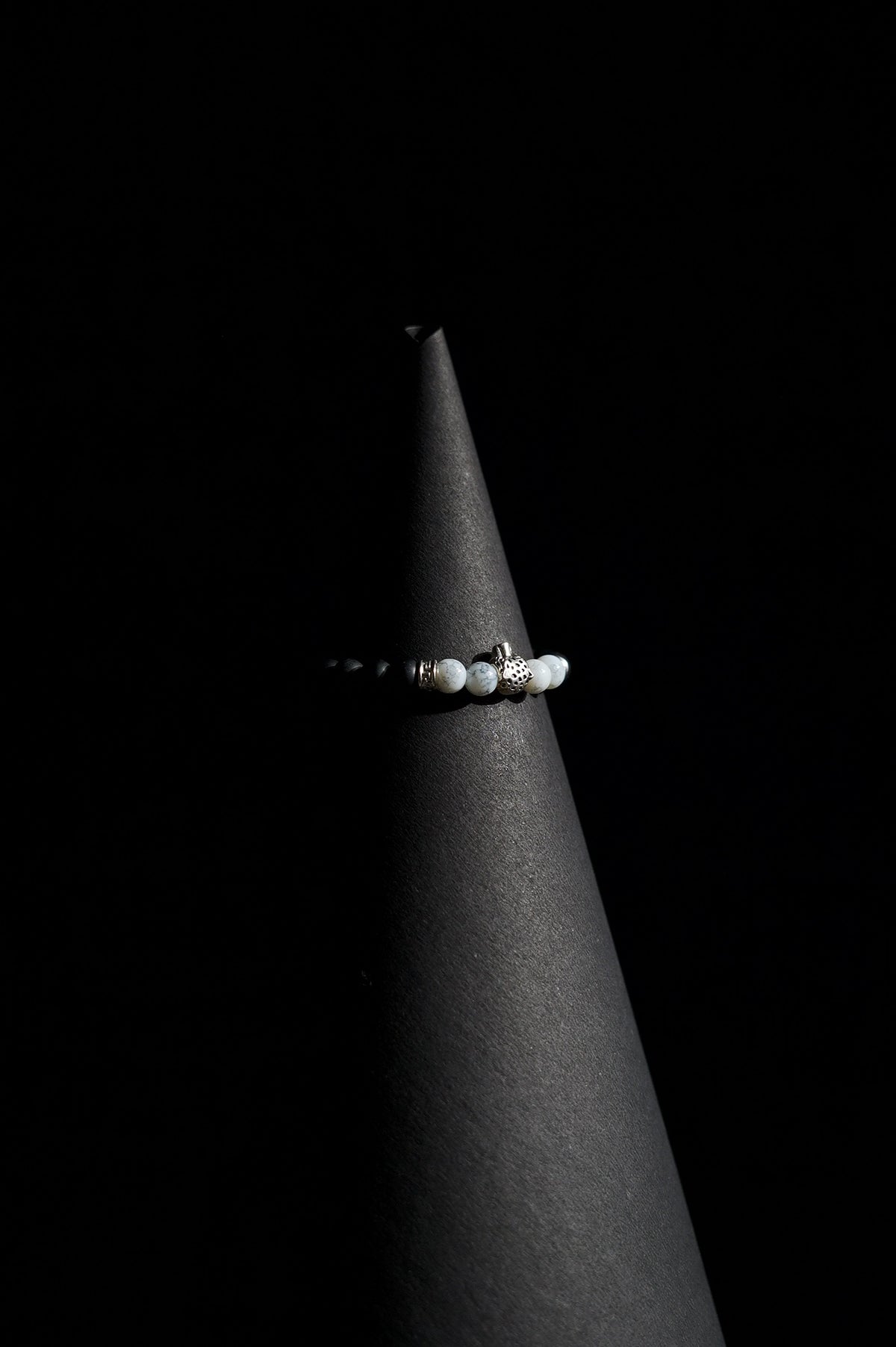 Bracelet | Single Strand | Round Beads | Matte Black Beads with White Howlite Accent Beads & Silver Charm | Men & Women | Beaded Design | Matte Finish | Minimalist Style