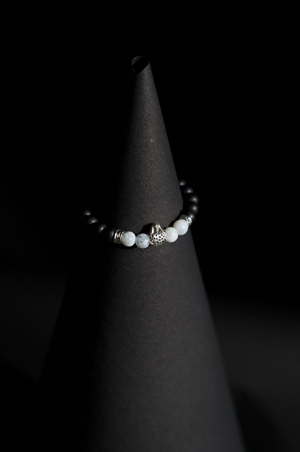 Bracelet | Single Strand | Round Beads | Matte Black Beads with White Howlite Accent Beads & Silver Charm | Men & Women | Beaded Design | Matte Finish | Minimalist Style