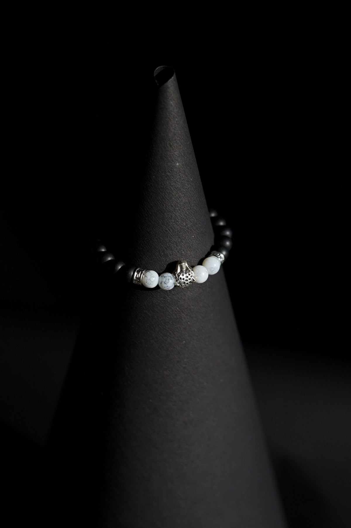 Bracelet | Single Strand | Round Beads | Matte Black Beads with White Howlite Accent Beads & Silver Charm | Men & Women | Beaded Design | Matte Finish | Minimalist Style