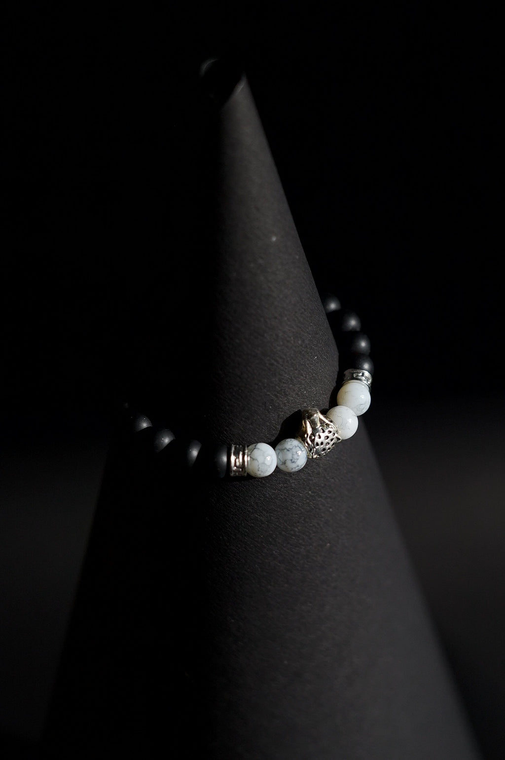 Bracelet | Single Strand | Round Beads | Matte Black Beads with White Howlite Accent Beads & Silver Charm | Men & Women | Beaded Design | Matte Finish | Minimalist Style