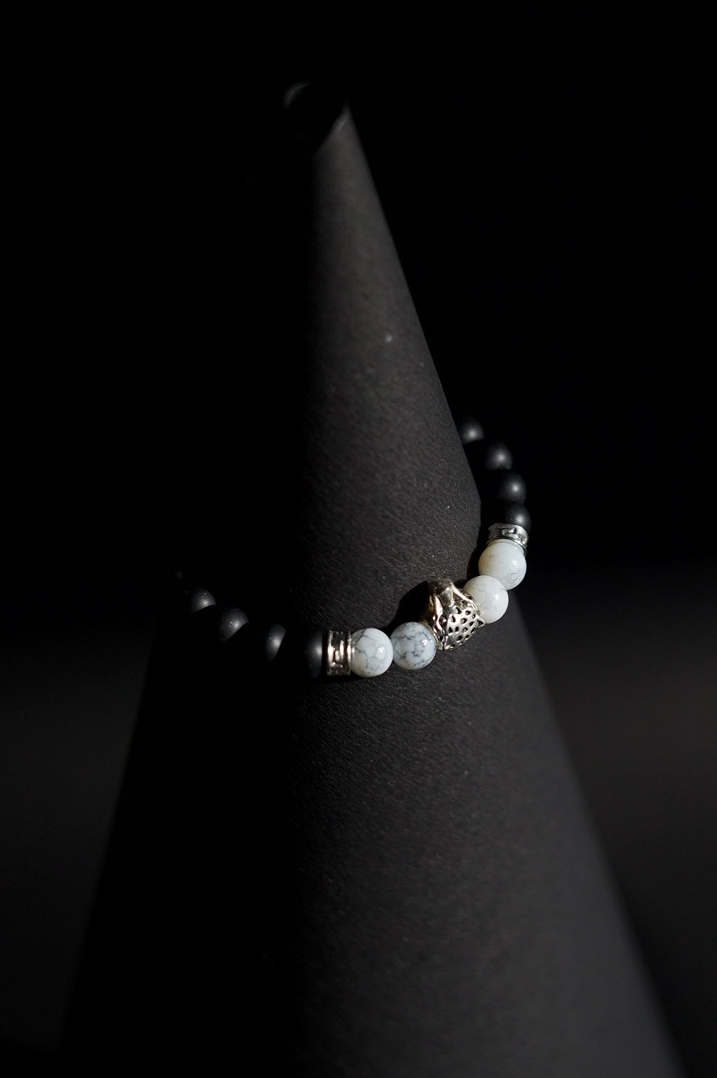 Bracelet | Single Strand | Round Beads | Matte Black Beads with White Howlite Accent Beads & Silver Charm | Men & Women | Beaded Design | Matte Finish | Minimalist Style