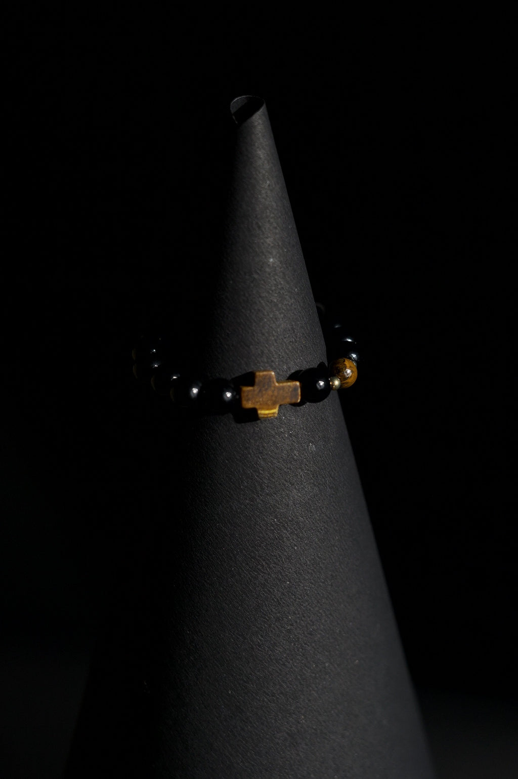 Bracelet | Single Strand | Round Beads | Black Onyx Beads with Tiger's Eye & Cross Charm | Men & Women | Beaded Design | Polished Finish | Minimalist Style