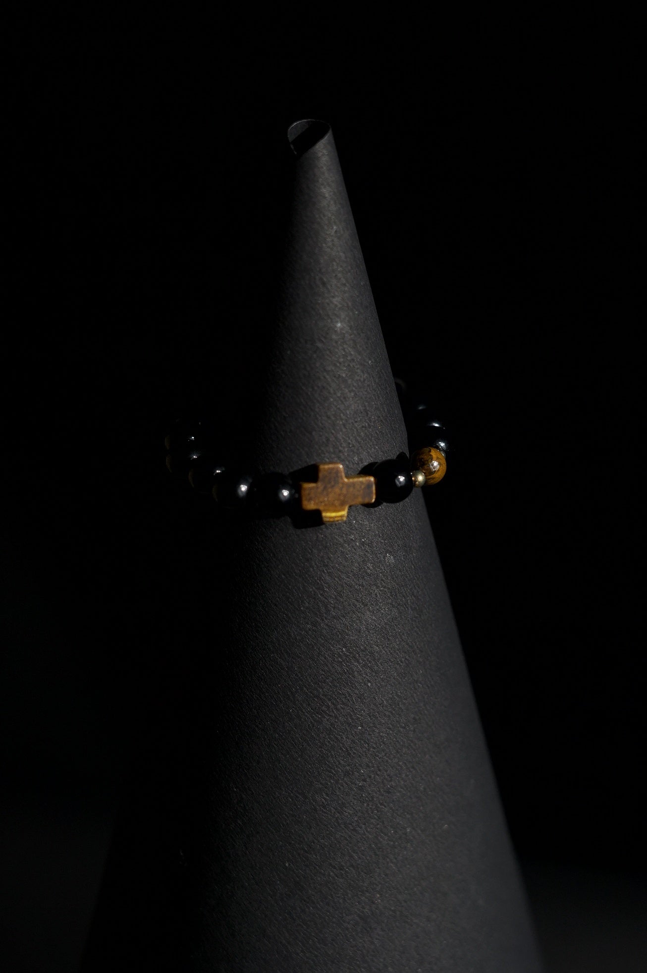 Bracelet | Single Strand | Round Beads | Black Onyx Beads with Tiger's Eye & Cross Charm | Men & Women | Beaded Design | Polished Finish | Minimalist Style