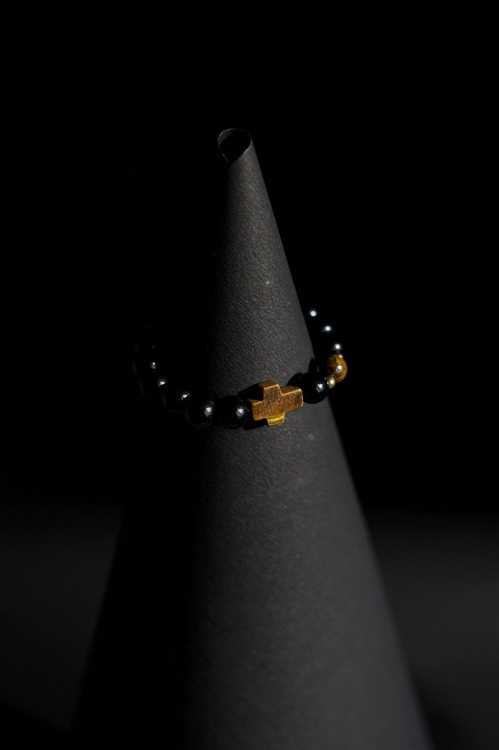 Bracelet | Single Strand | Round Beads | Black Onyx Beads with Tiger's Eye & Cross Charm | Men & Women | Beaded Design | Polished Finish | Minimalist Style