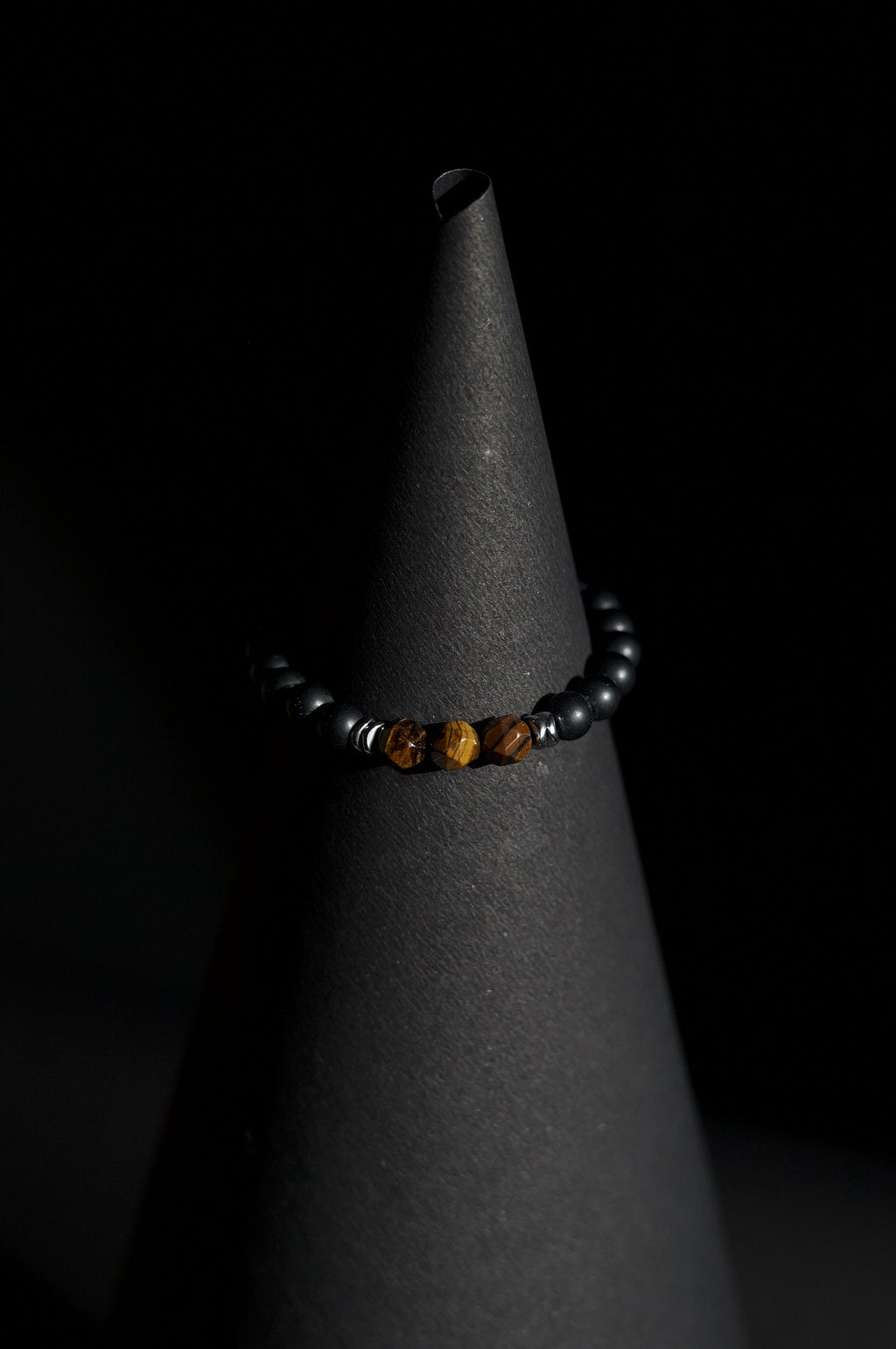Bracelet | Single Strand | Round Beads | Matte Black Beads with Faceted Tiger's Eye Accent Beads | Men & Women | Beaded Design | Matte Finish | Minimalist Style