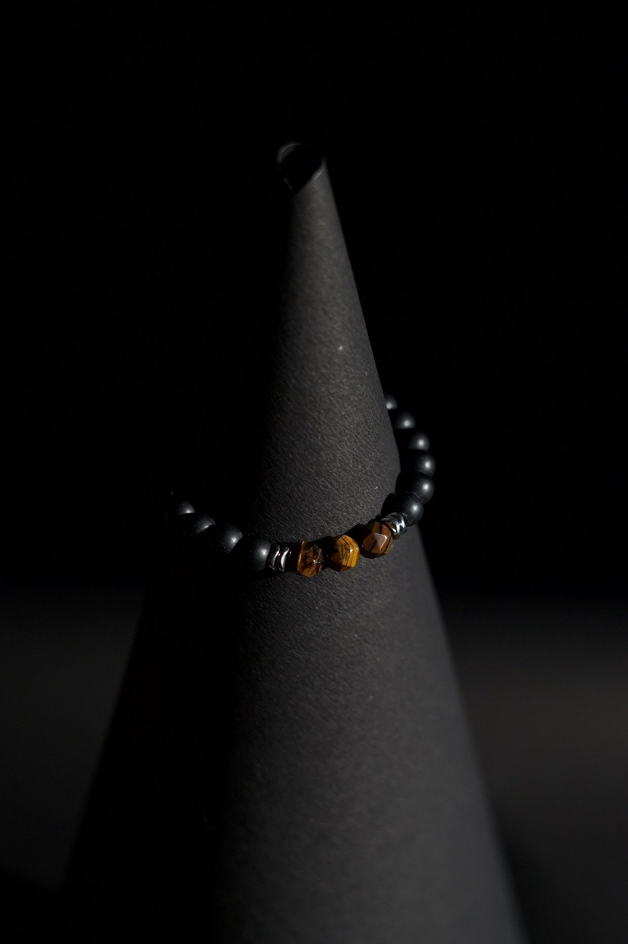 Bracelet | Single Strand | Round Beads | Matte Black Beads with Faceted Tiger's Eye Accent Beads | Men & Women | Beaded Design | Matte Finish | Minimalist Style