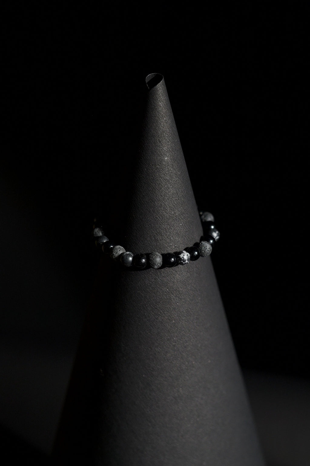 Bracelet | Single Strand | Round Beads | Black Onyx Beads with Lava Rock & Snowflake Obsidian Accent Beads | Men & Women | Beaded Design | Textured & Polished Finish | Minimalist Style