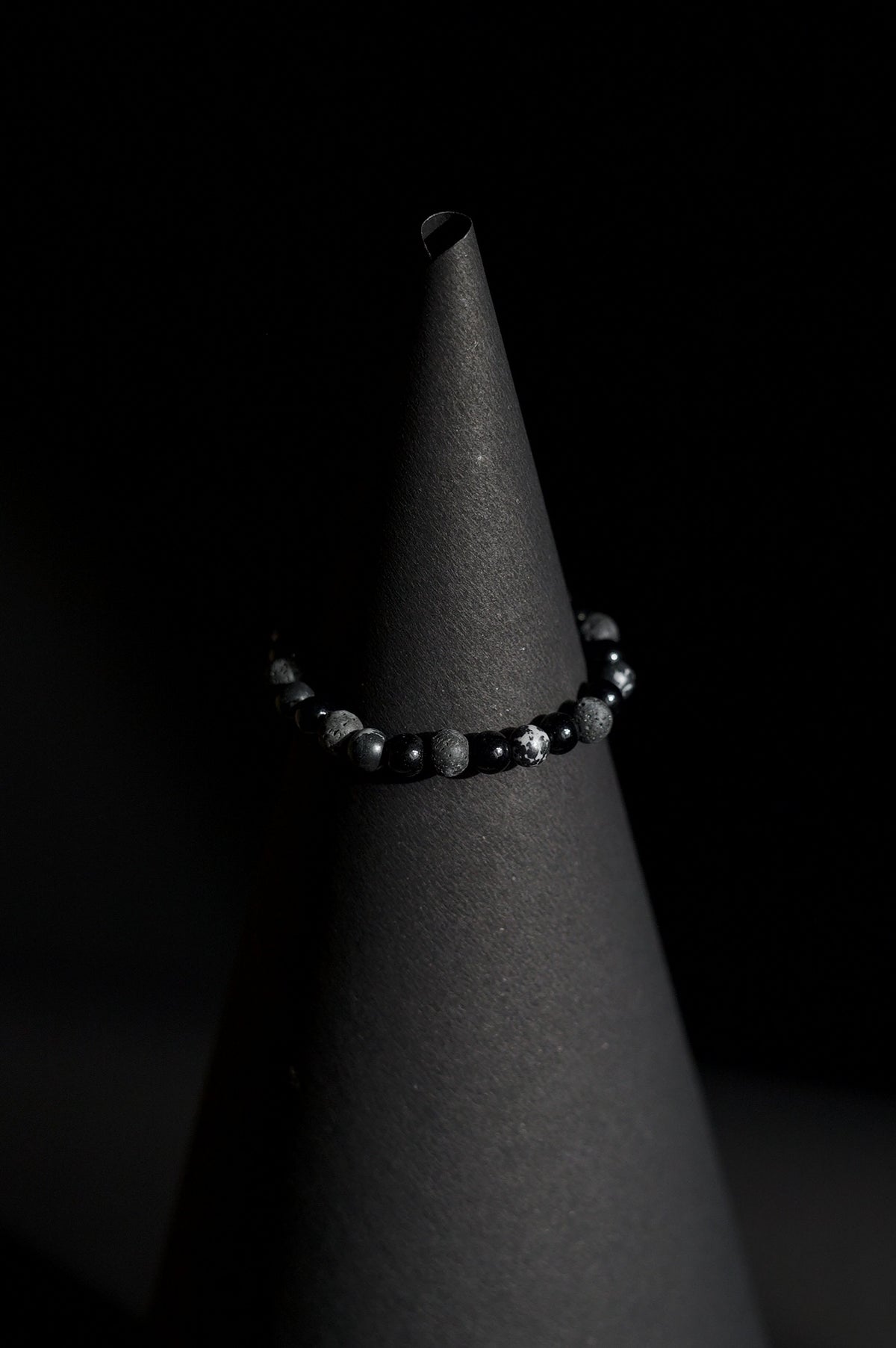 Bracelet | Single Strand | Round Beads | Black Onyx Beads with Lava Rock & Snowflake Obsidian Accent Beads | Men & Women | Beaded Design | Textured & Polished Finish | Minimalist Style