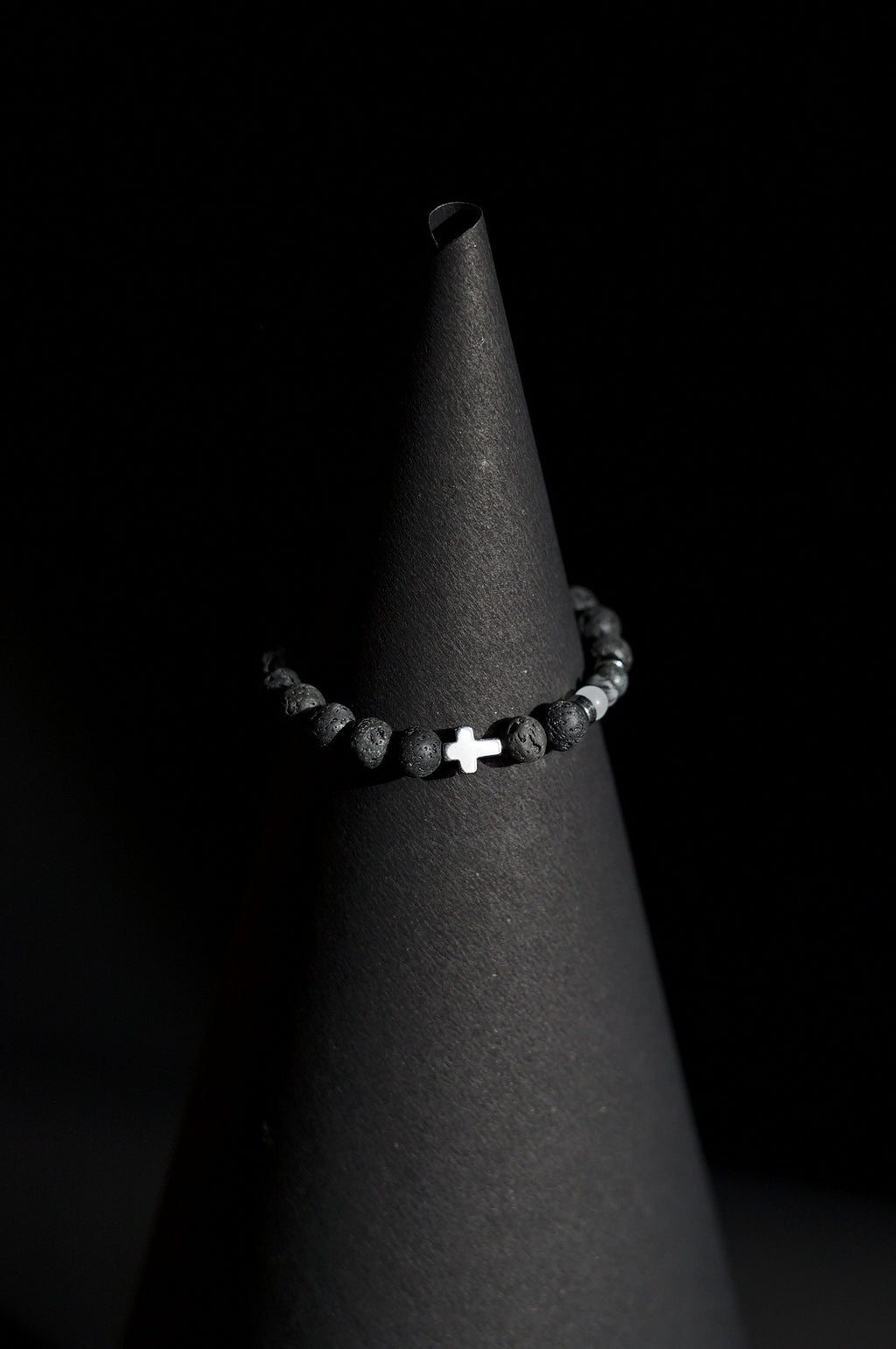 Bracelet | Single Strand | Round Beads | Porous Lava Rock Beads with Silver Cross Charm | Men & Women | Beaded Design | Textured & Metallic Finish | Minimalist Style