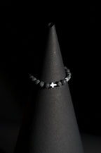 Bracelet | Single Strand | Round Beads | Porous Lava Rock Beads with Silver Cross Charm | Men & Women | Beaded Design | Textured & Metallic Finish | Minimalist Style