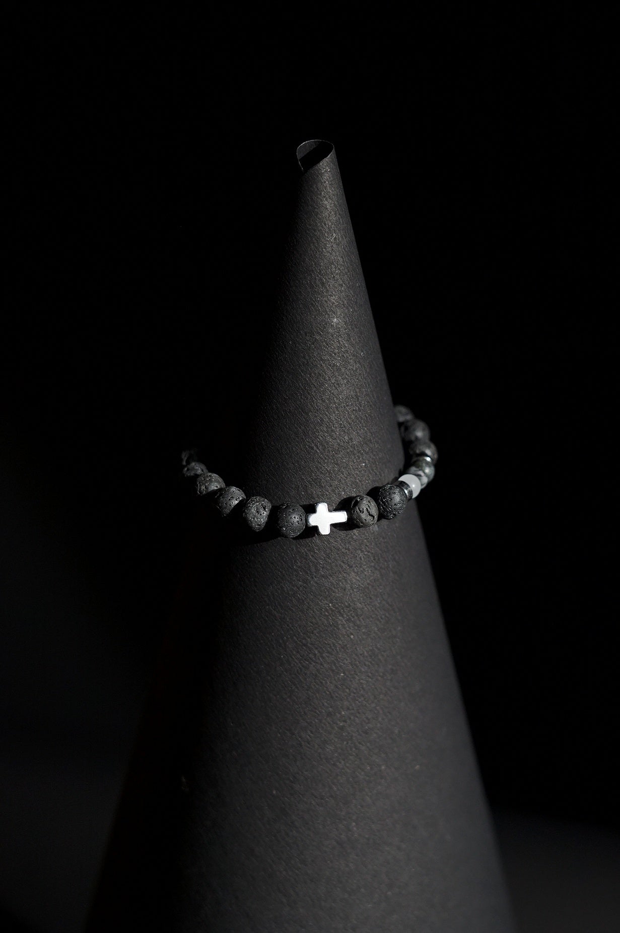 Bracelet | Single Strand | Round Beads | Porous Lava Rock Beads with Silver Cross Charm | Men & Women | Beaded Design | Textured & Metallic Finish | Minimalist Style