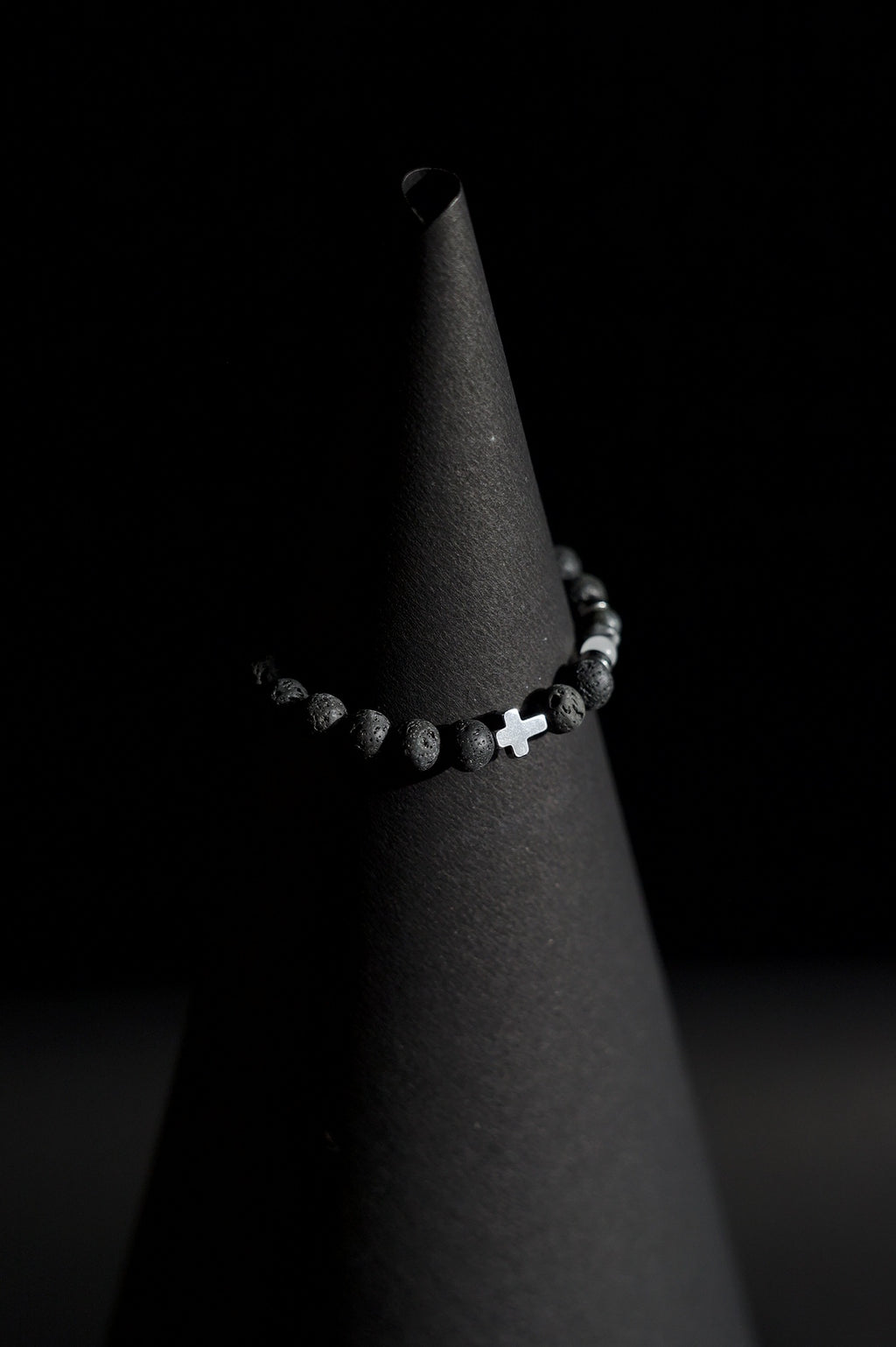 Bracelet | Single Strand | Round Beads | Porous Lava Rock Beads with Silver Cross Charm | Men & Women | Beaded Design | Textured & Metallic Finish | Minimalist Style