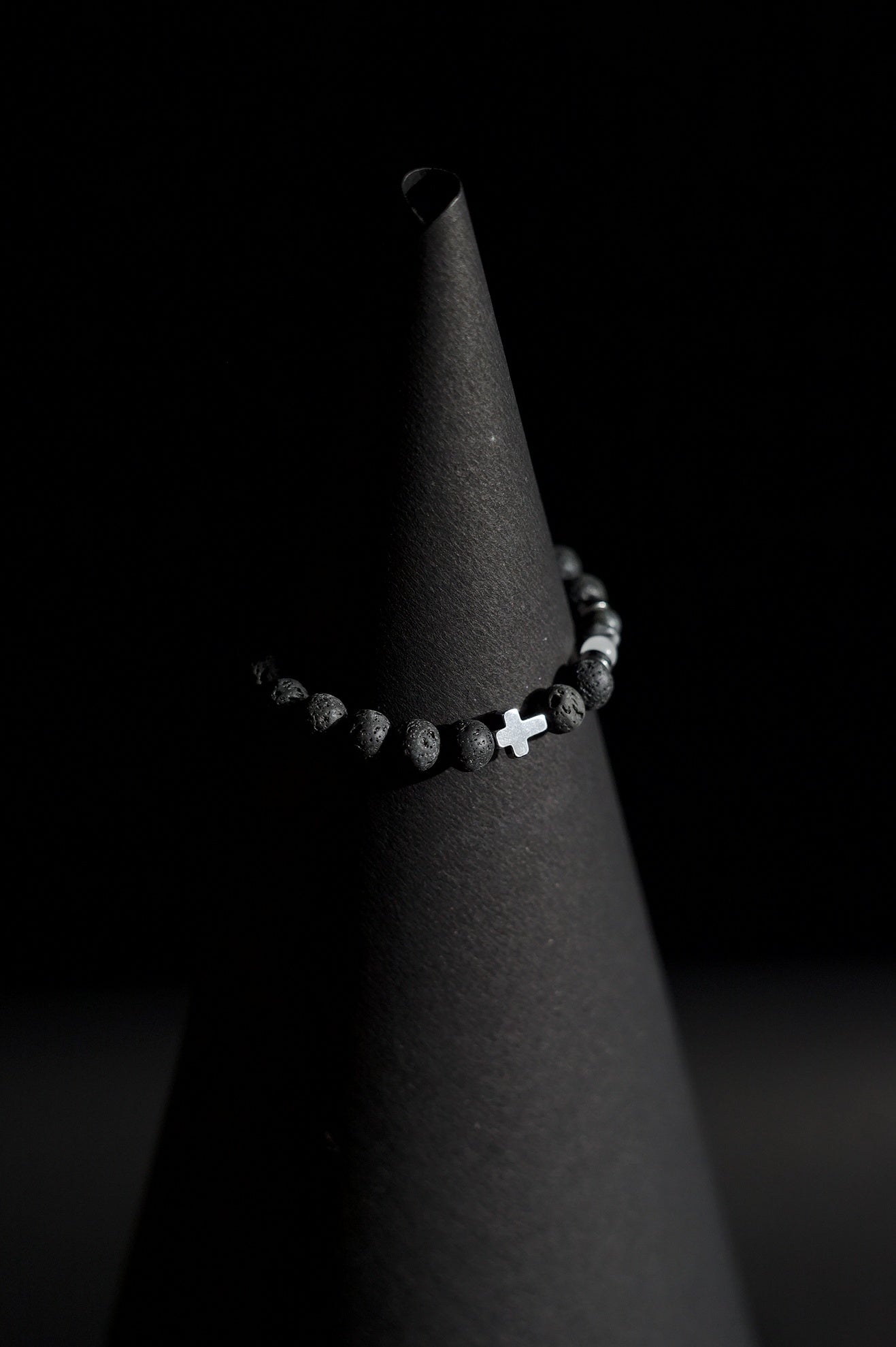Bracelet | Single Strand | Round Beads | Porous Lava Rock Beads with Silver Cross Charm | Men & Women | Beaded Design | Textured & Metallic Finish | Minimalist Style