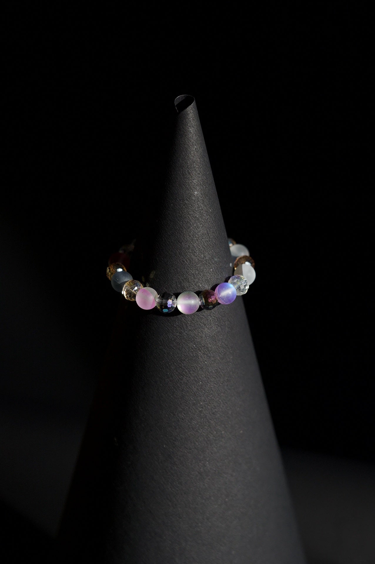 Bracelet | Single Strand | Round & Faceted Beads | Iridescent Aura Quartz Beads with Pastel & Smokey Gemstone Accents | Men & Women | Beaded Design | Matte & Faceted Glassy Finish | Pastel & Mystical Style