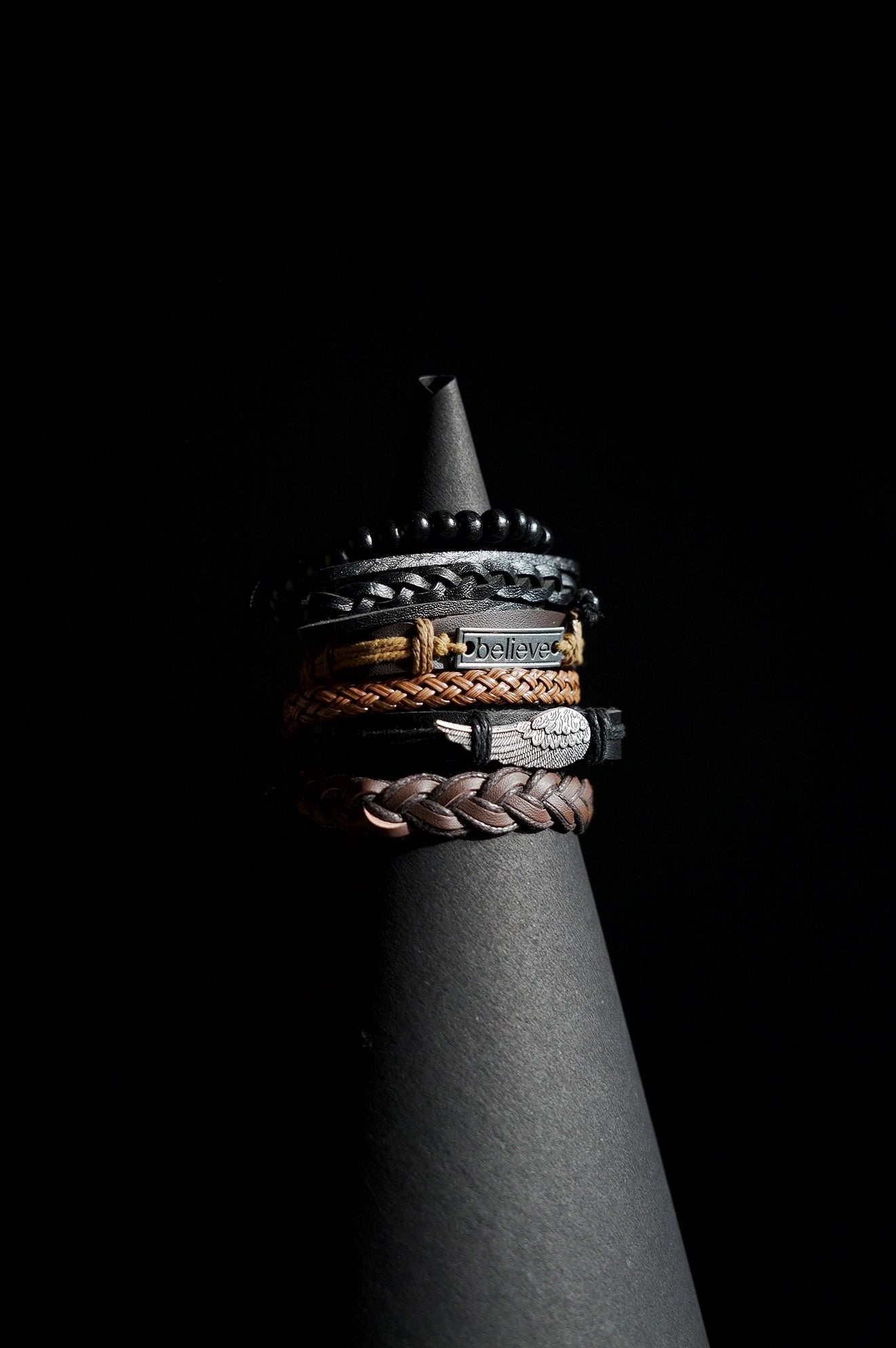 Bracelet Set | Multi-Piece Stack | Braided & Beaded | Leather, Cords & Beads with Believe Plaque & Wing Charms | Men & Women | Layered Design | Textured Leather | Bohemian & Rustic Style
