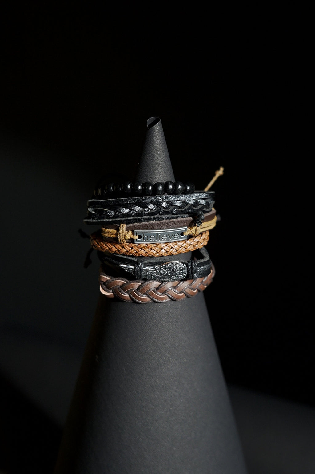 Bracelet Set | Multi-Piece Stack | Braided & Beaded | Leather, Cords & Beads with Believe Plaque & Wing Charms | Men & Women | Layered Design | Textured Leather | Bohemian & Rustic Style