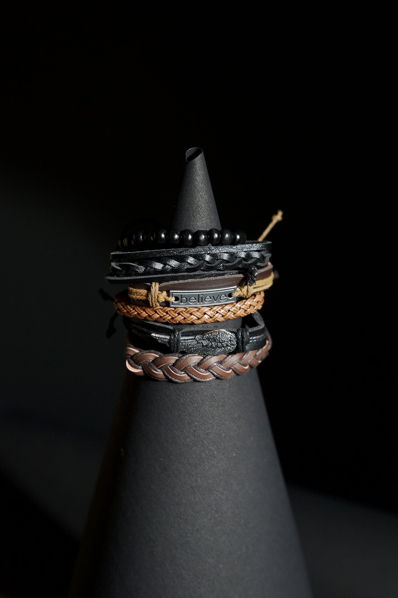 Bracelet Set | Multi-Piece Stack | Braided & Beaded | Leather, Cords & Beads with Believe Plaque & Wing Charms | Men & Women | Layered Design | Textured Leather | Bohemian & Rustic Style