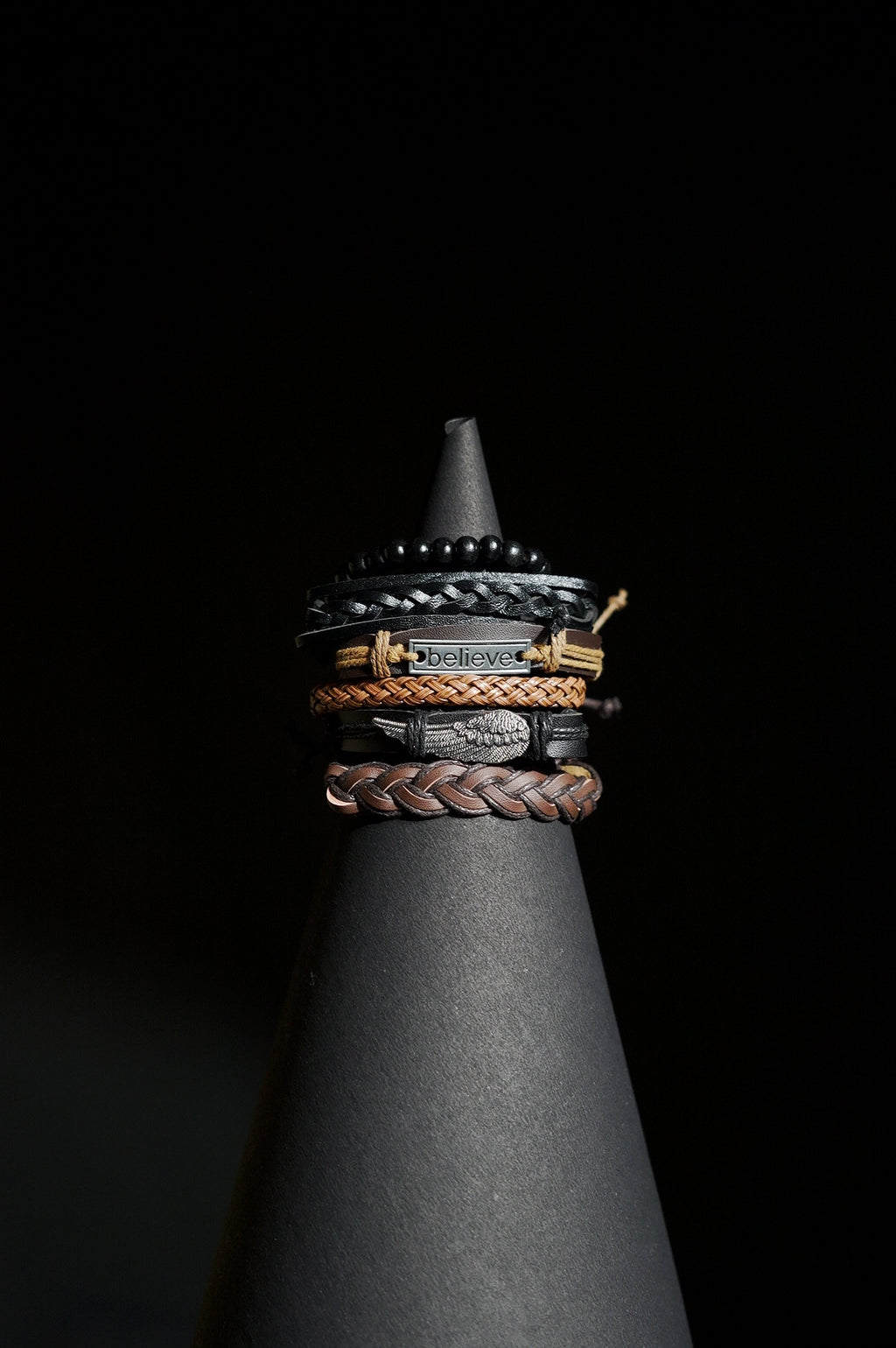 Bracelet Set | Multi-Piece Stack | Braided & Beaded | Leather, Cords & Beads with Believe Plaque & Wing Charms | Men & Women | Layered Design | Textured Leather | Bohemian & Rustic Style