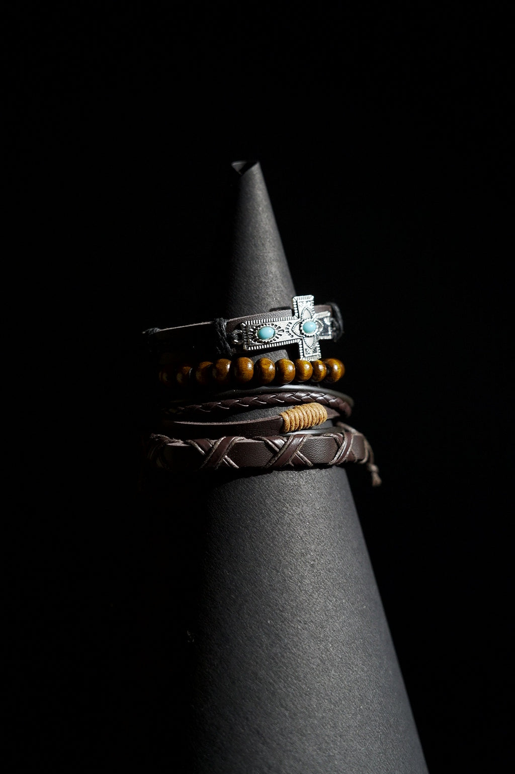 Bracelet Set | Multi-Piece Stack | Braided Leather & Wooden Beads | Brown Leather, Cords & Wooden Beads with Turquoise-Inlaid Cross Plaque | Men & Women | Layered Design | Textured Leather & Antique Finish | Tribal & Southwestern Style