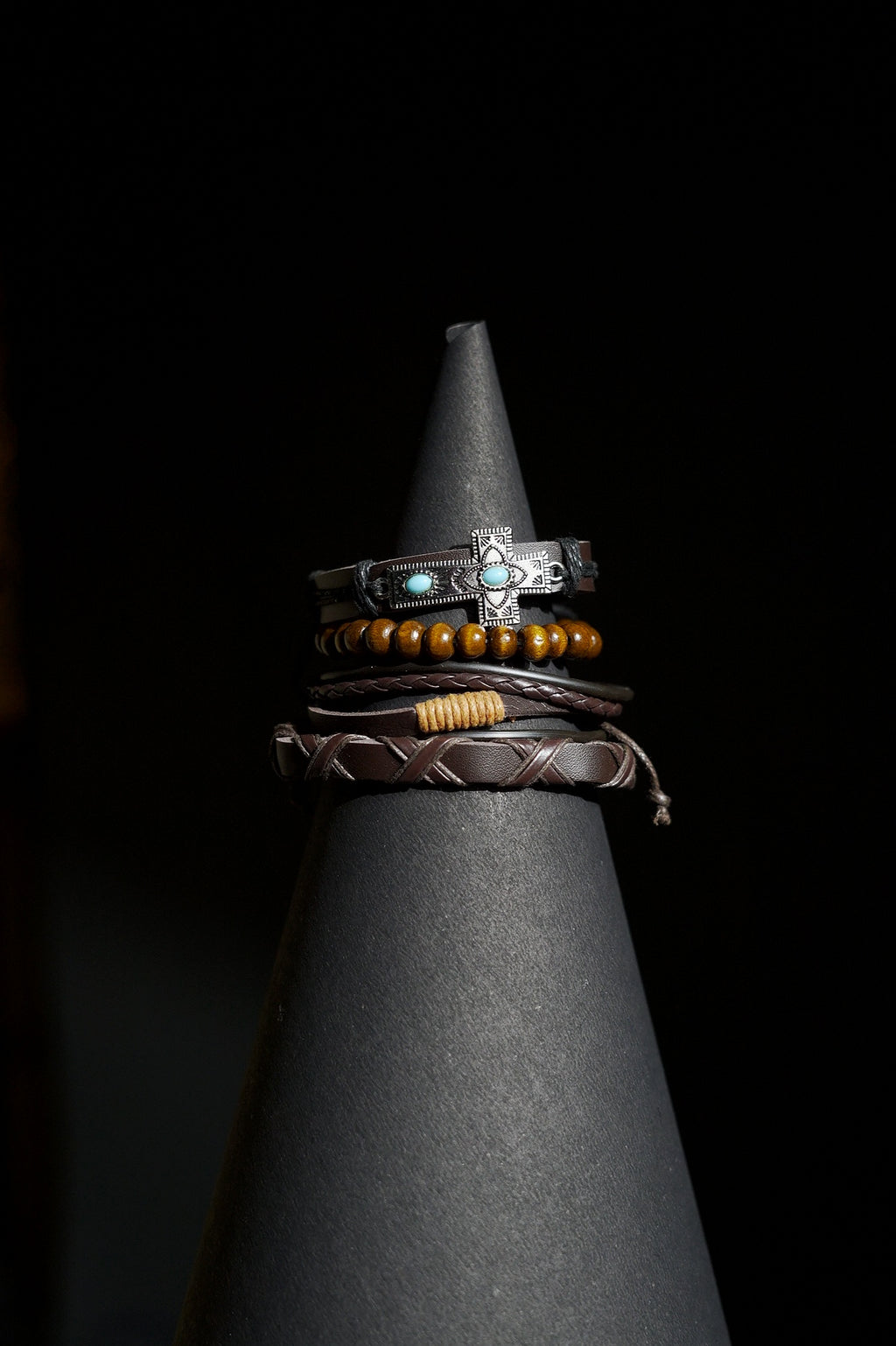 Bracelet Set | Multi-Piece Stack | Braided Leather & Wooden Beads | Brown Leather, Cords & Wooden Beads with Turquoise-Inlaid Cross Plaque | Men & Women | Layered Design | Textured Leather & Antique Finish | Tribal & Southwestern Style
