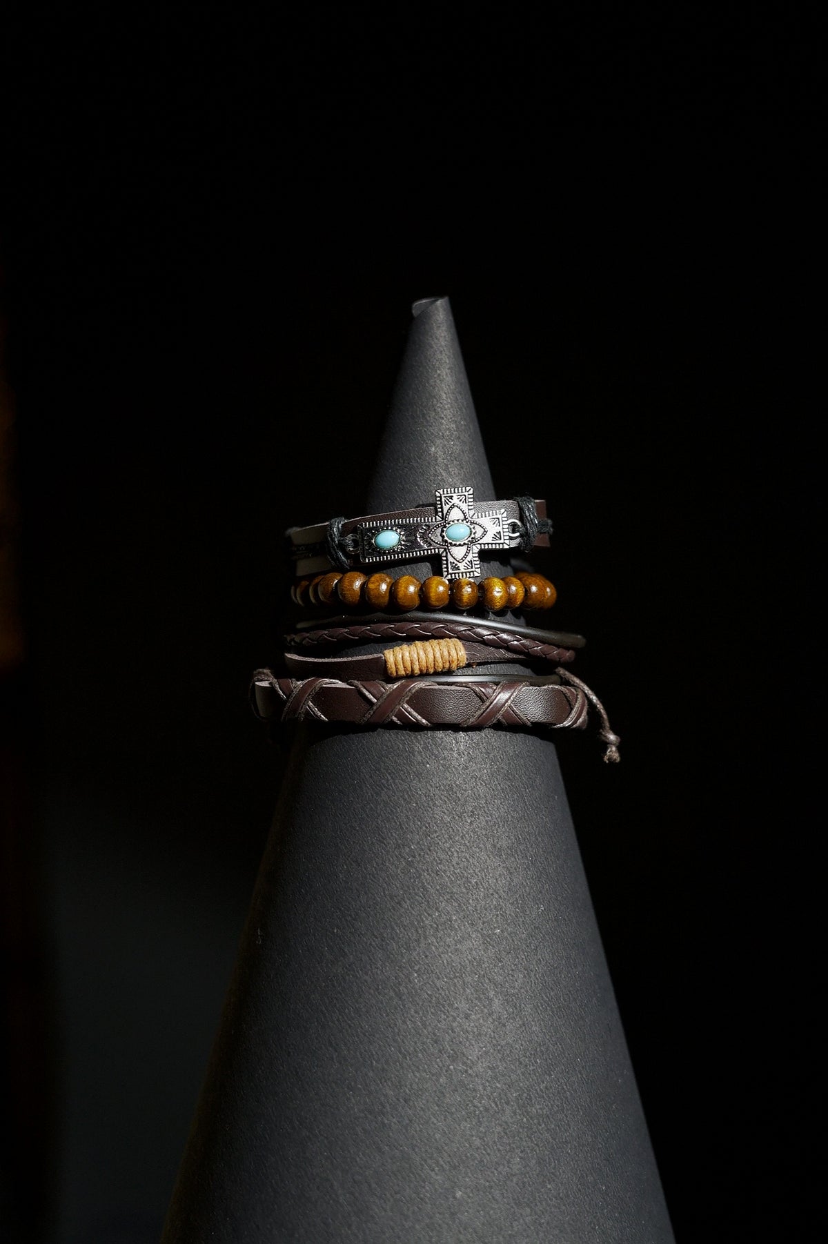 Bracelet Set | Multi-Piece Stack | Braided Leather & Wooden Beads | Brown Leather, Cords & Wooden Beads with Turquoise-Inlaid Cross Plaque | Men & Women | Layered Design | Textured Leather & Antique Finish | Tribal & Southwestern Style