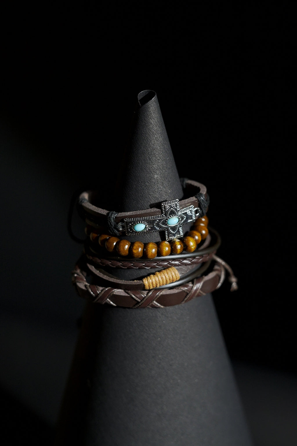 Bracelet Set | Multi-Piece Stack | Braided Leather & Wooden Beads | Brown Leather, Cords & Wooden Beads with Turquoise-Inlaid Cross Plaque | Men & Women | Layered Design | Textured Leather & Antique Finish | Tribal & Southwestern Style