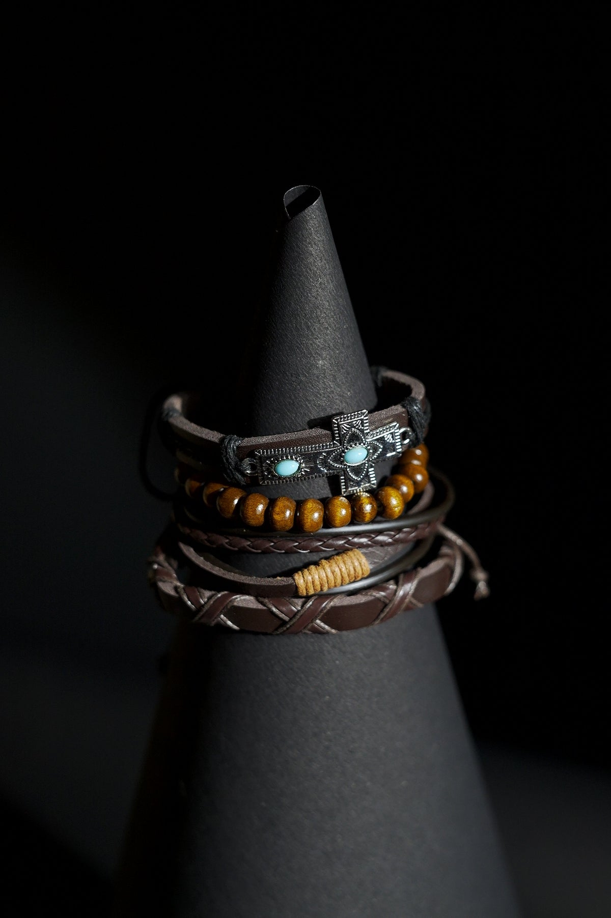 Bracelet Set | Multi-Piece Stack | Braided Leather & Wooden Beads | Brown Leather, Cords & Wooden Beads with Turquoise-Inlaid Cross Plaque | Men & Women | Layered Design | Textured Leather & Antique Finish | Tribal & Southwestern Style
