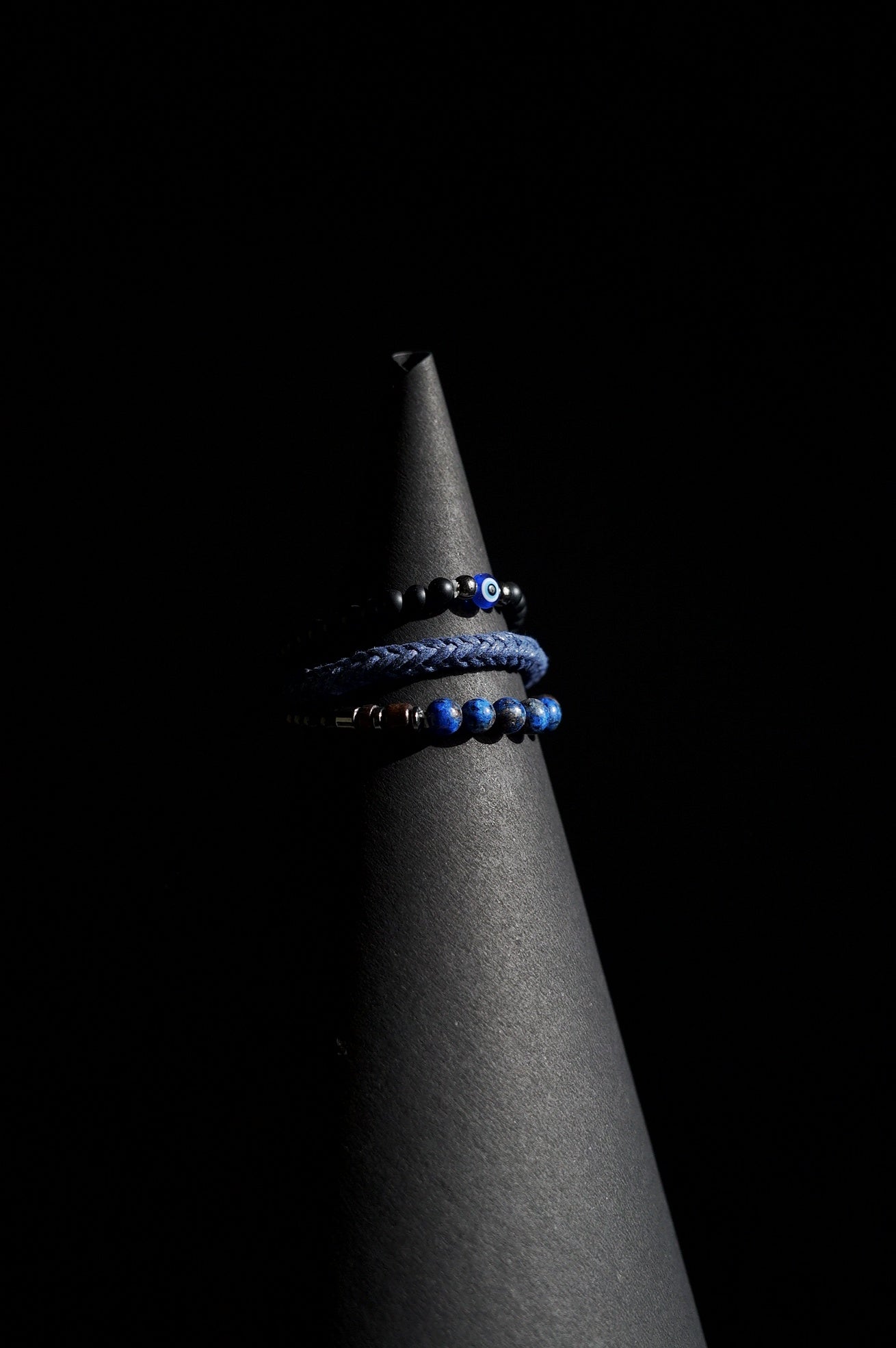 Bracelet Set | 3-Piece Stack | Beaded & Braided | Matte Black Beads with Evil Eye, Blue Braided Cord & Lapis Lazuli Gemstone Beads | Men & Women | Layered Design | Matte & Polished Finish | Protective & Modern Style