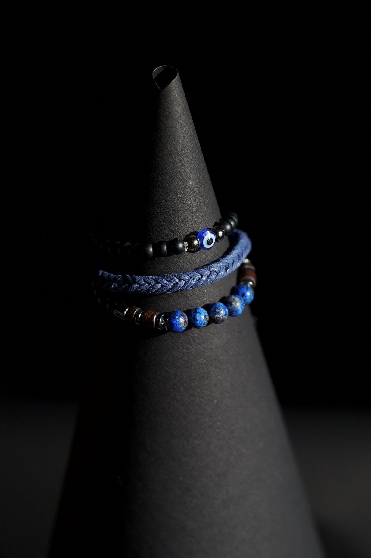 Bracelet Set | 3-Piece Stack | Beaded & Braided | Matte Black Beads with Evil Eye, Blue Braided Cord & Lapis Lazuli Gemstone Beads | Men & Women | Layered Design | Matte & Polished Finish | Protective & Modern Style
