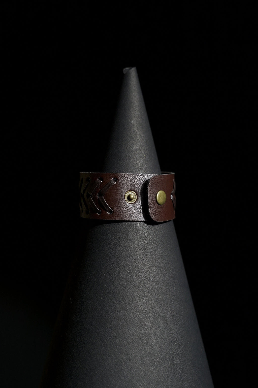 Cuff Bracelet | Wide Band | Chevron Laced Leather | Dark Brown Leather Strap with Woven Lacing & Brass Snap Button | Men & Women | Cuff Design | Smooth Leather Finish | Vintage & Rustic Style