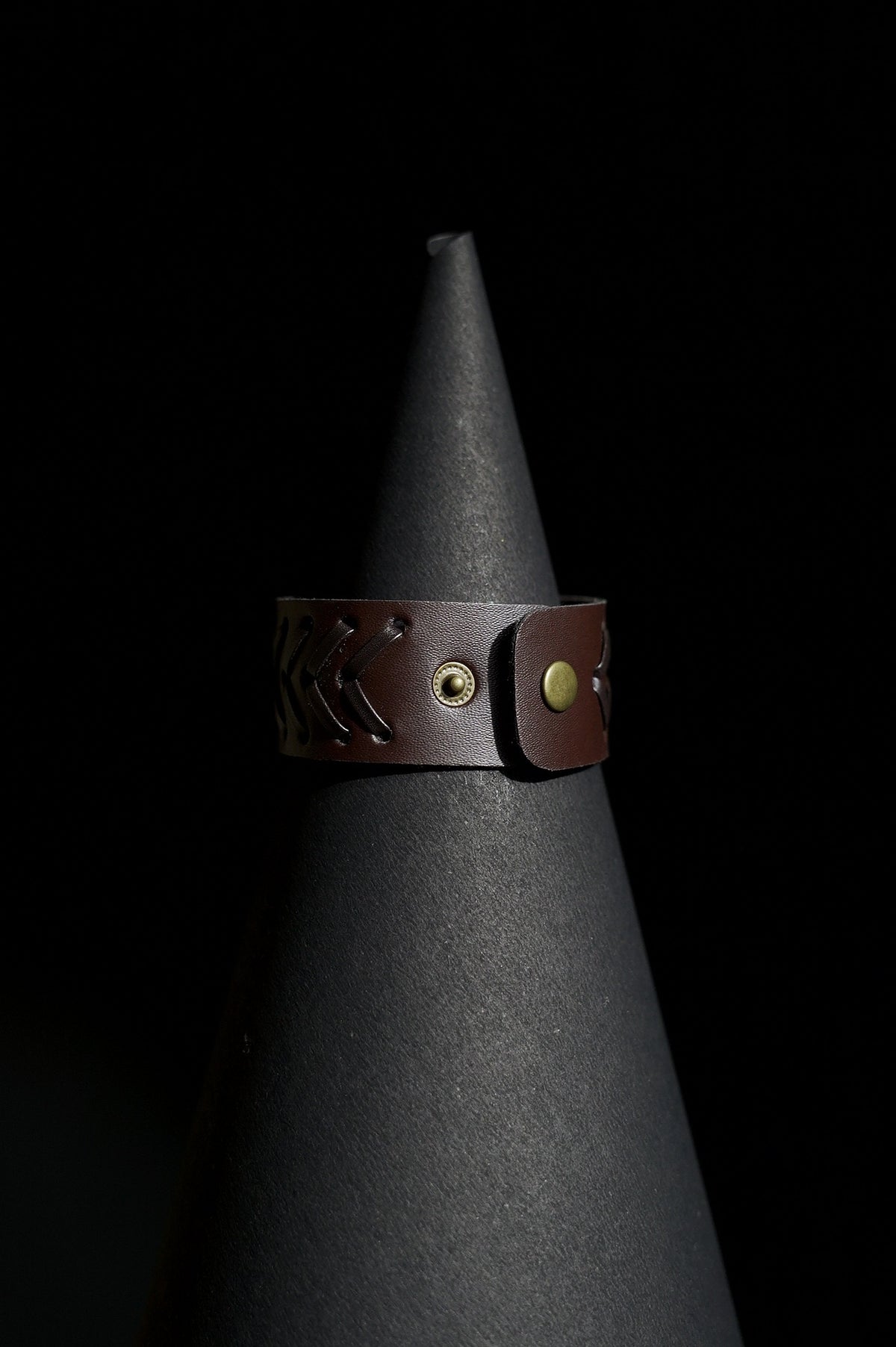 Cuff Bracelet | Wide Band | Chevron Laced Leather | Dark Brown Leather Strap with Woven Lacing & Brass Snap Button | Men & Women | Cuff Design | Smooth Leather Finish | Vintage & Rustic Style