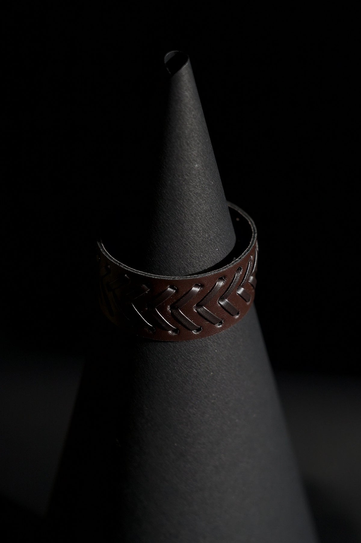 Cuff Bracelet | Wide Band | Chevron Laced Leather | Dark Brown Leather Strap with Woven Lacing & Brass Snap Button | Men & Women | Cuff Design | Smooth Leather Finish | Vintage & Rustic Style