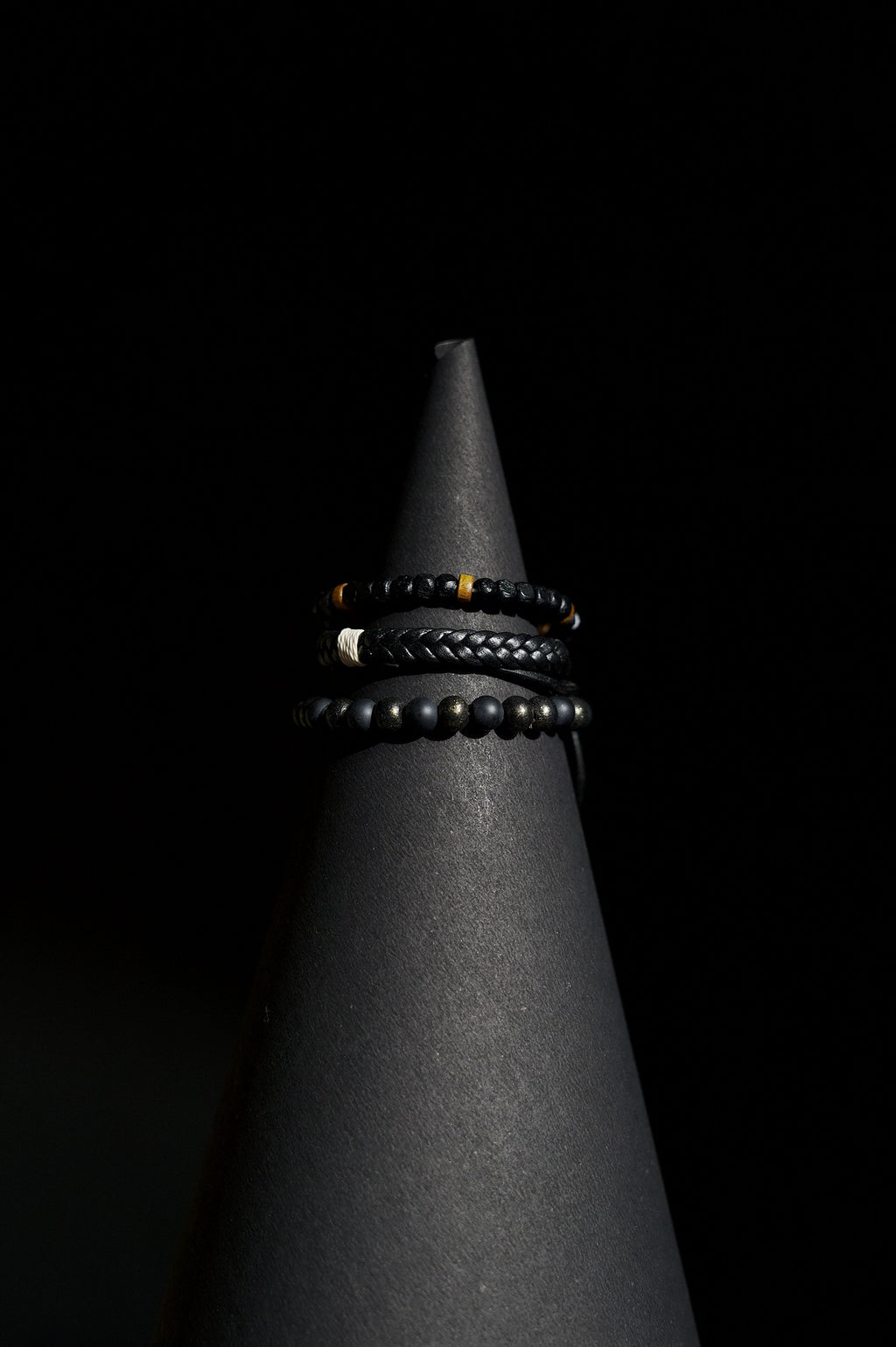 Bracelet Set | 3-Piece Stack | Beaded & Braided | Matte Black Beads, Lava Stone, Braided Leather & Speckled Obsidian Beads | Men & Women | Layered Design | Matte & Textured Finish | Minimalist & Earthy Style