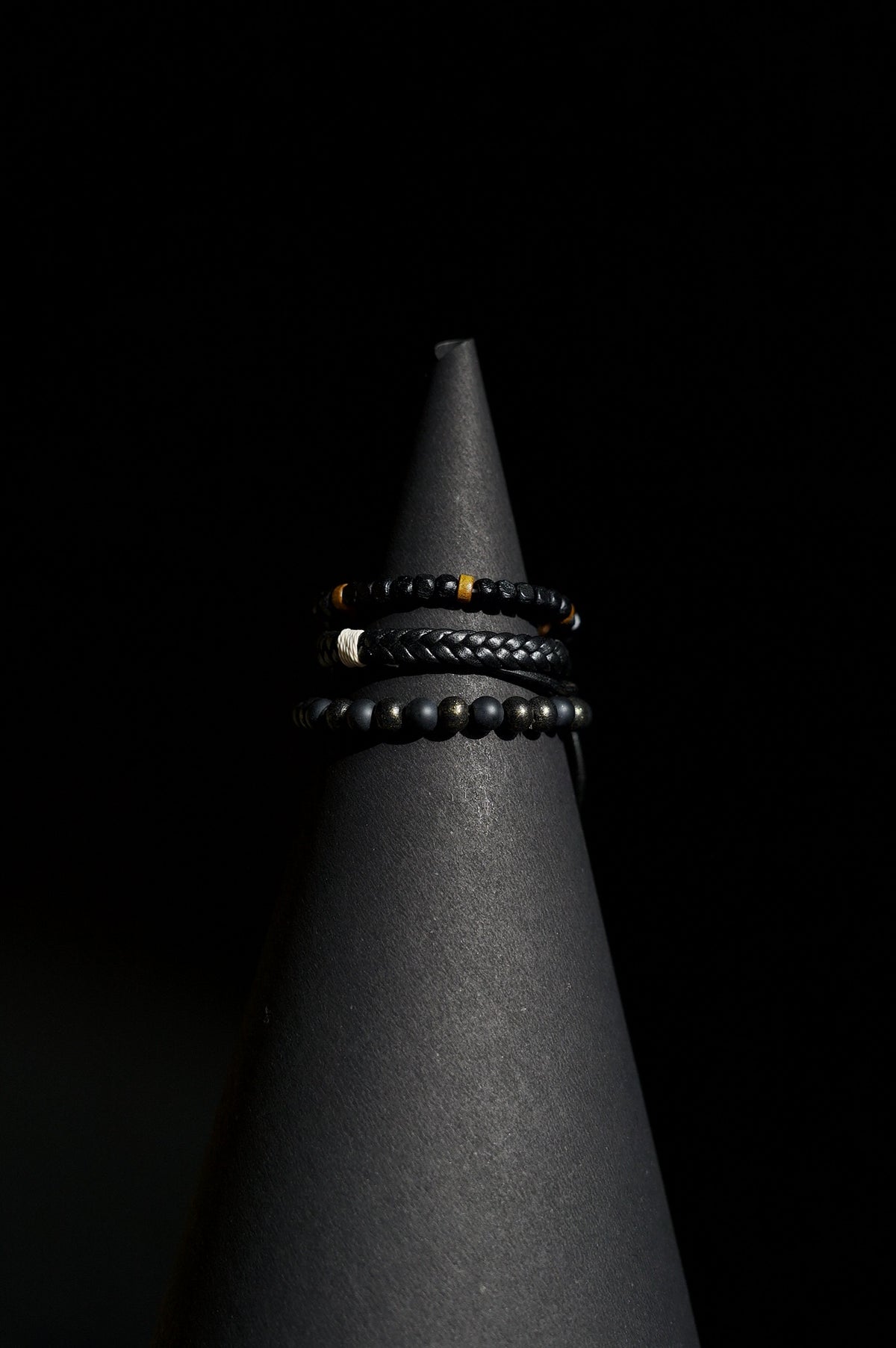 Bracelet Set | 3-Piece Stack | Beaded & Braided | Matte Black Beads, Lava Stone, Braided Leather & Speckled Obsidian Beads | Men & Women | Layered Design | Matte & Textured Finish | Minimalist & Earthy Style