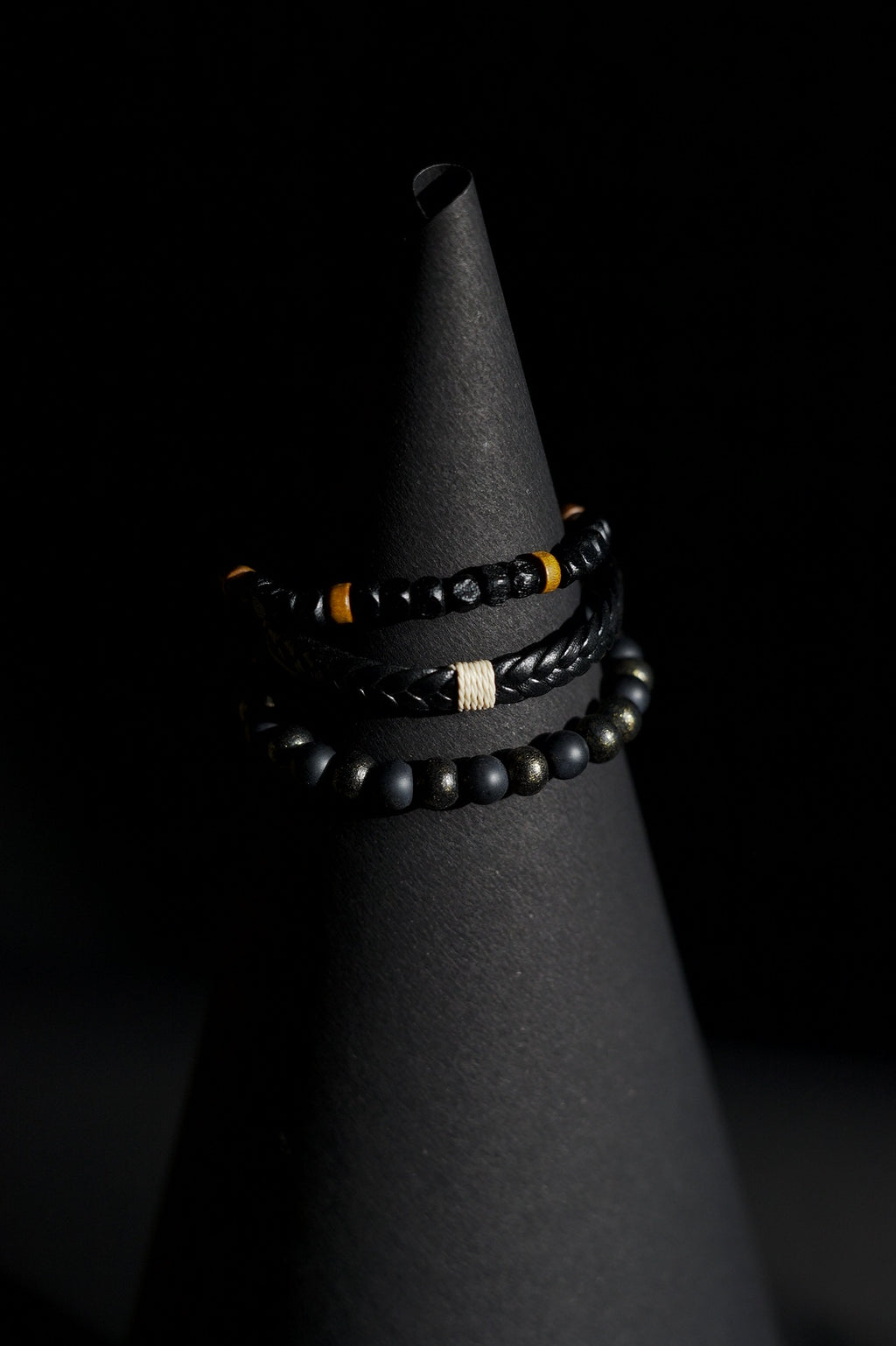 Bracelet Set | 3-Piece Stack | Beaded & Braided | Matte Black Beads, Lava Stone, Braided Leather & Speckled Obsidian Beads | Men & Women | Layered Design | Matte & Textured Finish | Minimalist & Earthy Style